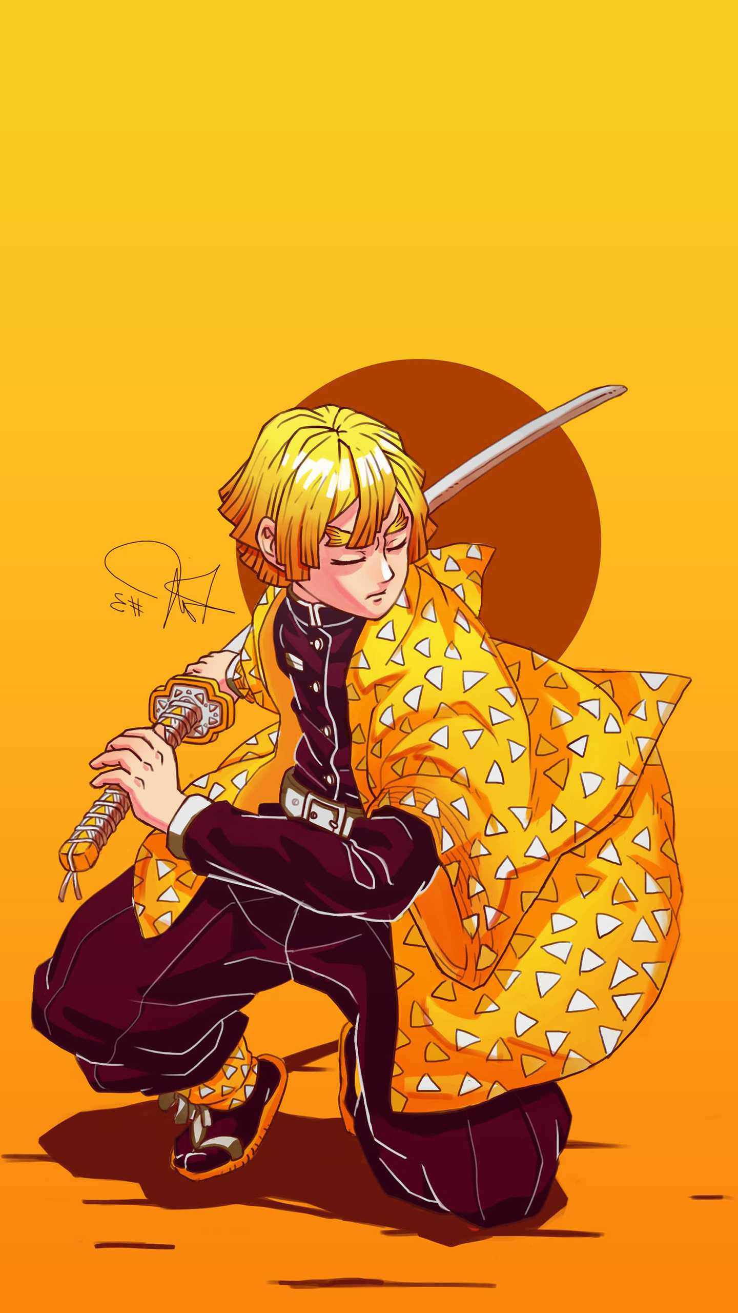 Zenitsu, blonde anime warrior, sword, 2K Phone Wallpaper