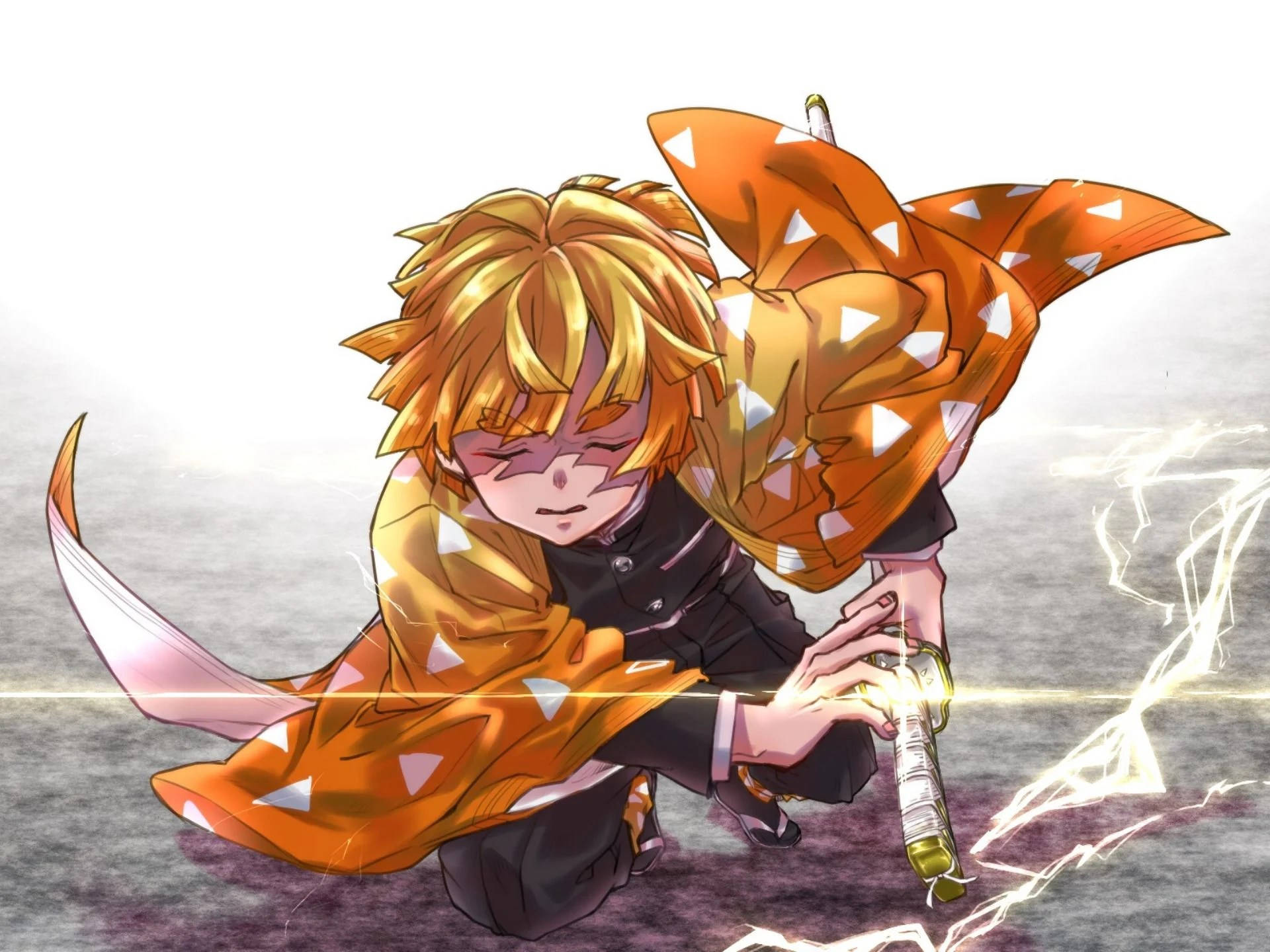 Zenitsu, Japanese outfit, spiky blonde hair, Full HD Desktop Wallpaper
