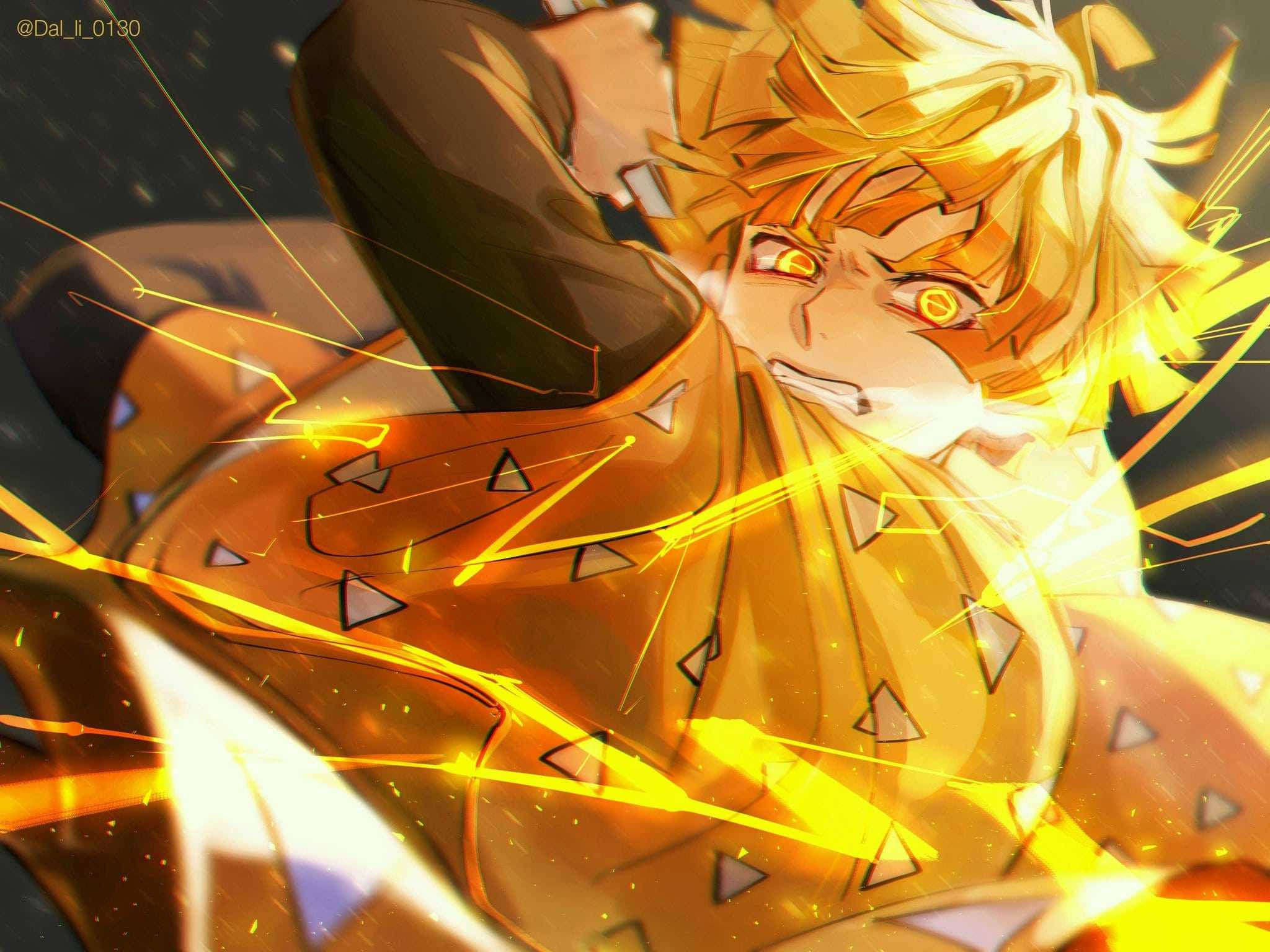 Zenitsu, glowing yellow eyes, fiery-haired anime character, Full HD Desktop Wallpaper