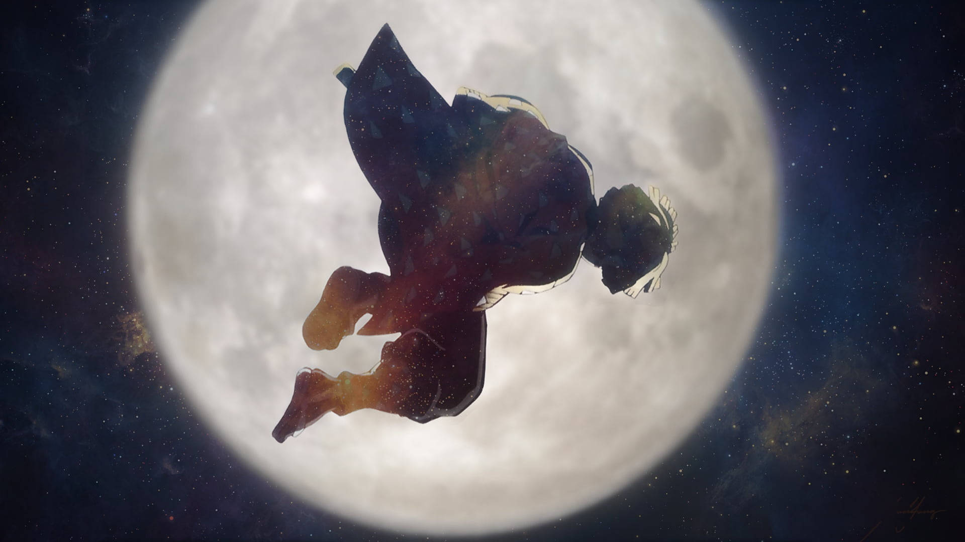 Zenitsu, moon, starry night sky, Full HD Desktop Wallpaper