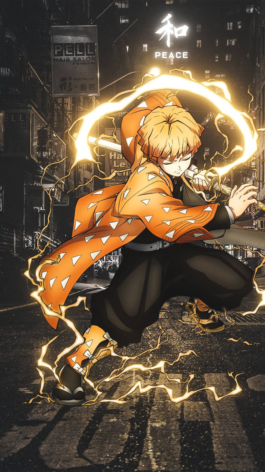 Zenitsu, orange kimono, glowing sword, Full HD Phone Wallpaper