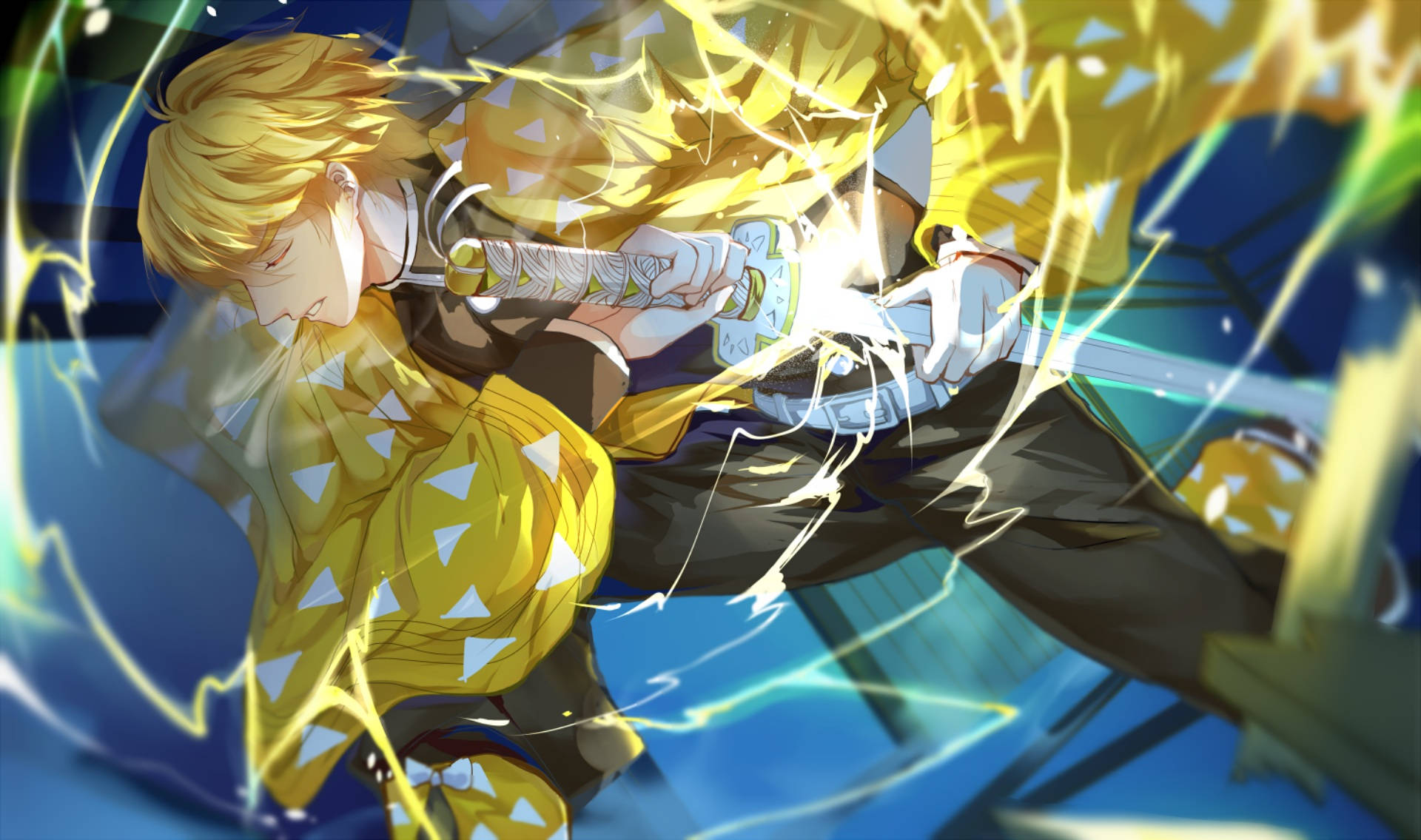Zenitsu, golden-haired anime warrior, yellow patterned kimono, Full HD Desktop Wallpaper