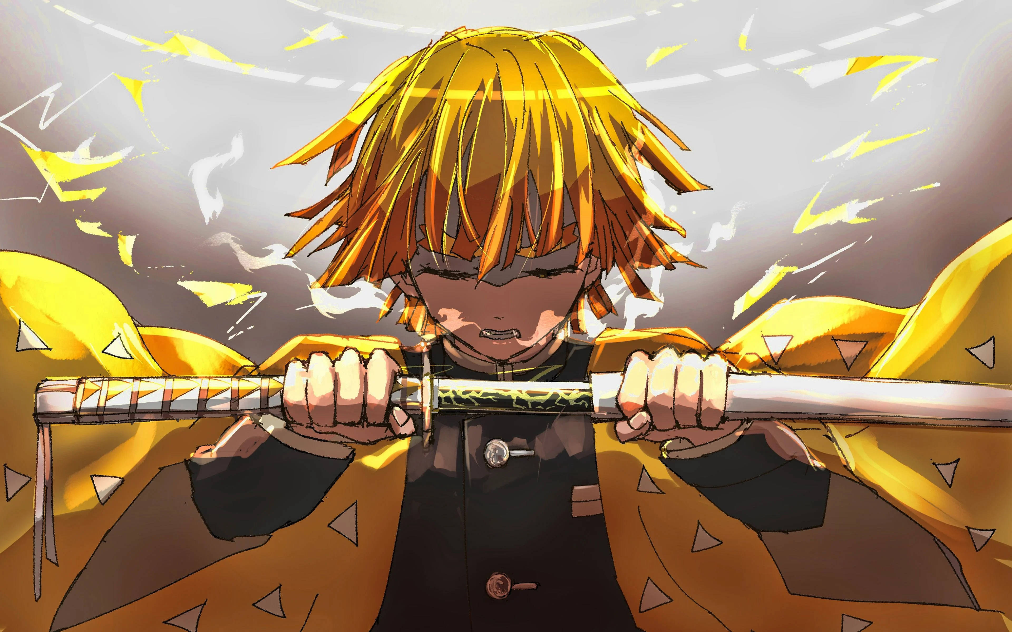 Zenitsu, katana, spiky orange hair, 4K Desktop Wallpaper