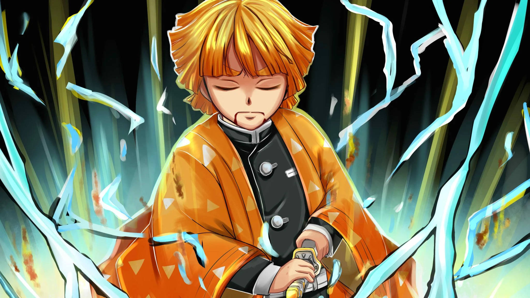 Zenitsu, blue lightning, orange hair, Full HD Desktop Wallpaper