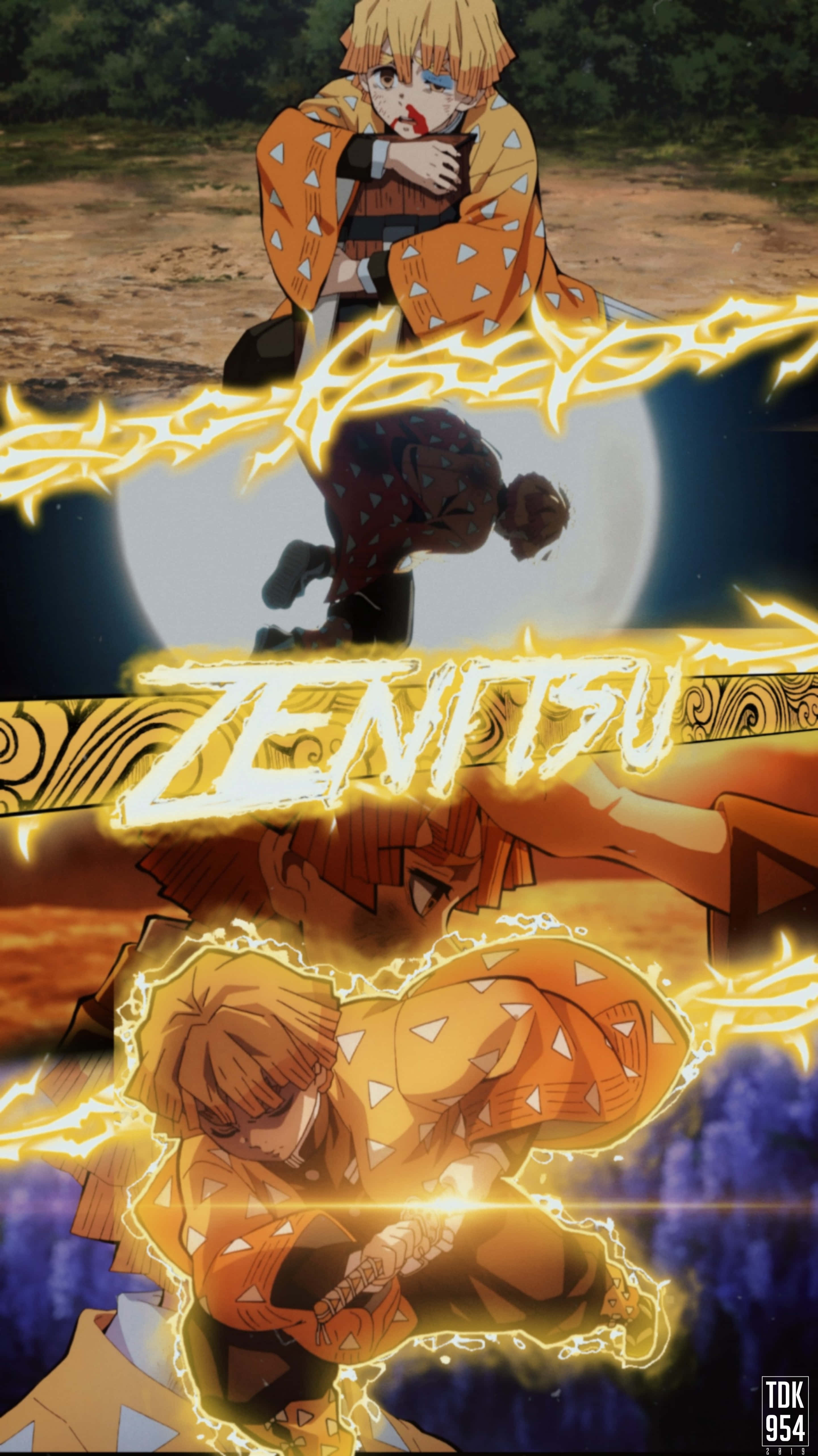 Zenitsu, orange kimono, glowing yellow lightning, 5K Phone Wallpaper