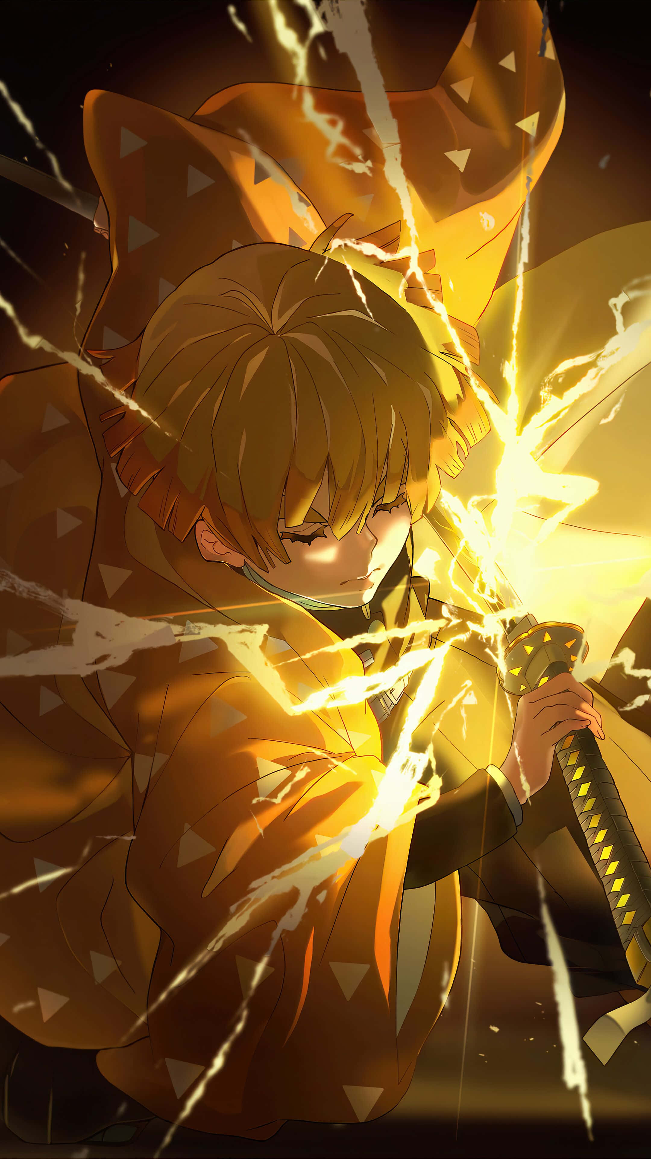 Zenitsu Phone, orange armor, glowing yellow lightning, 4K Phone Wallpaper