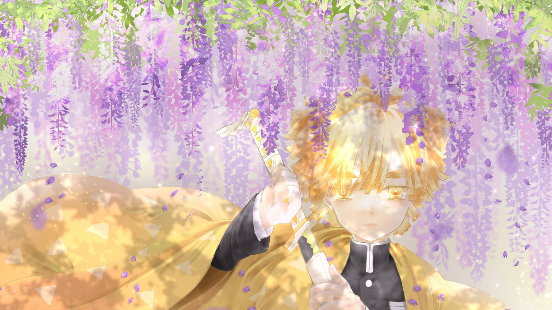 Zenitsu, wisteria flowers, purple wisteria blossoms, Full HD Desktop Wallpaper