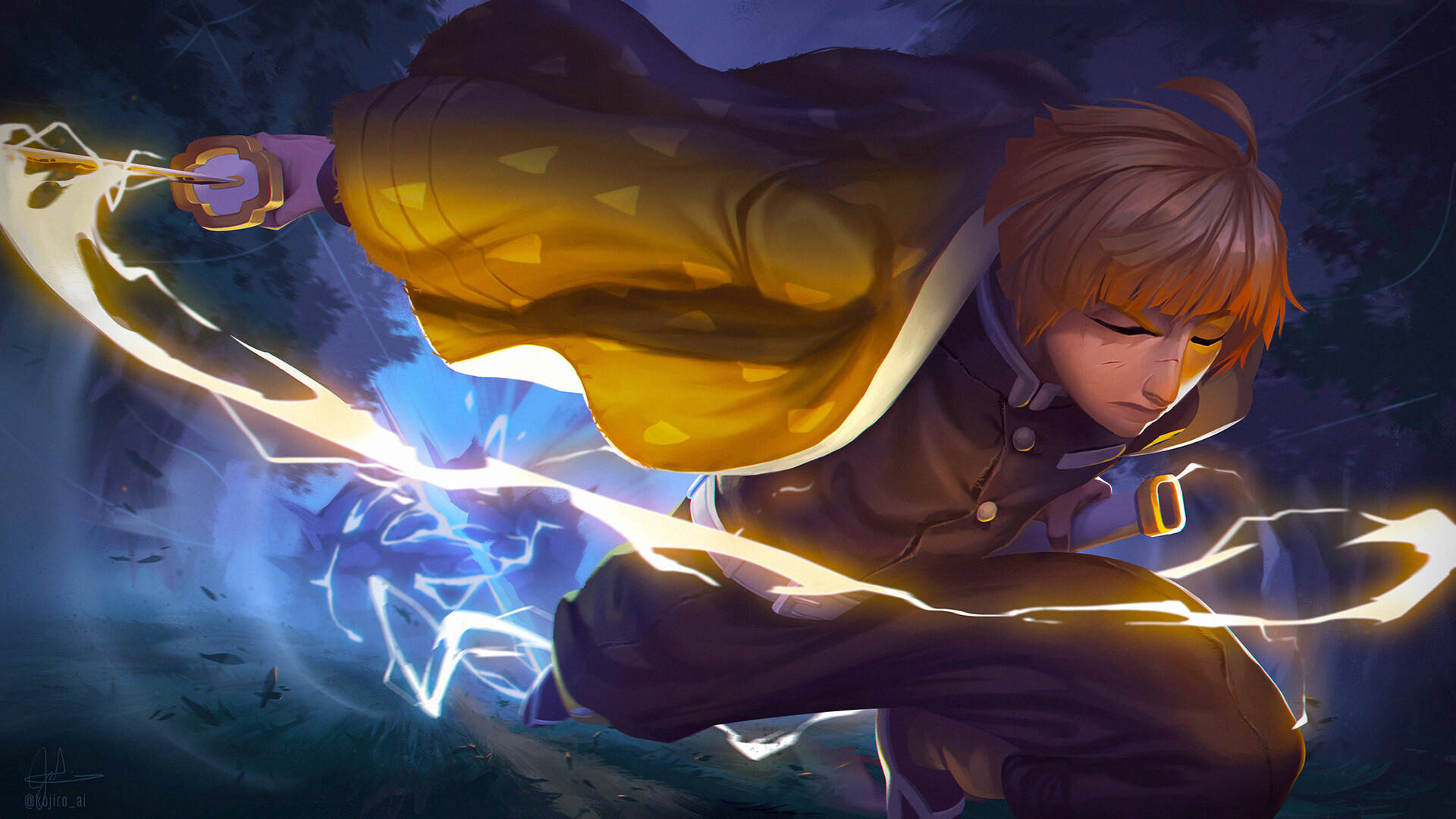 Zenitsu, blue explosion, yellow cloak, Full HD Desktop Wallpaper