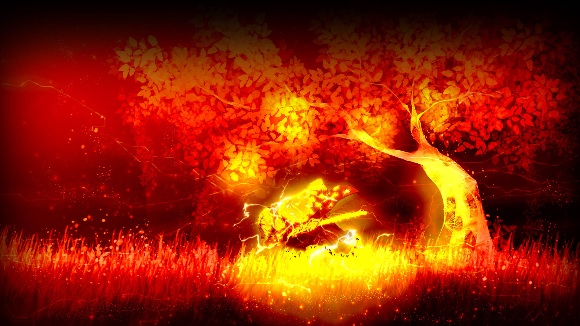 Zenitsu, glowing tree, fiery orange leaves, Full HD Desktop Wallpaper