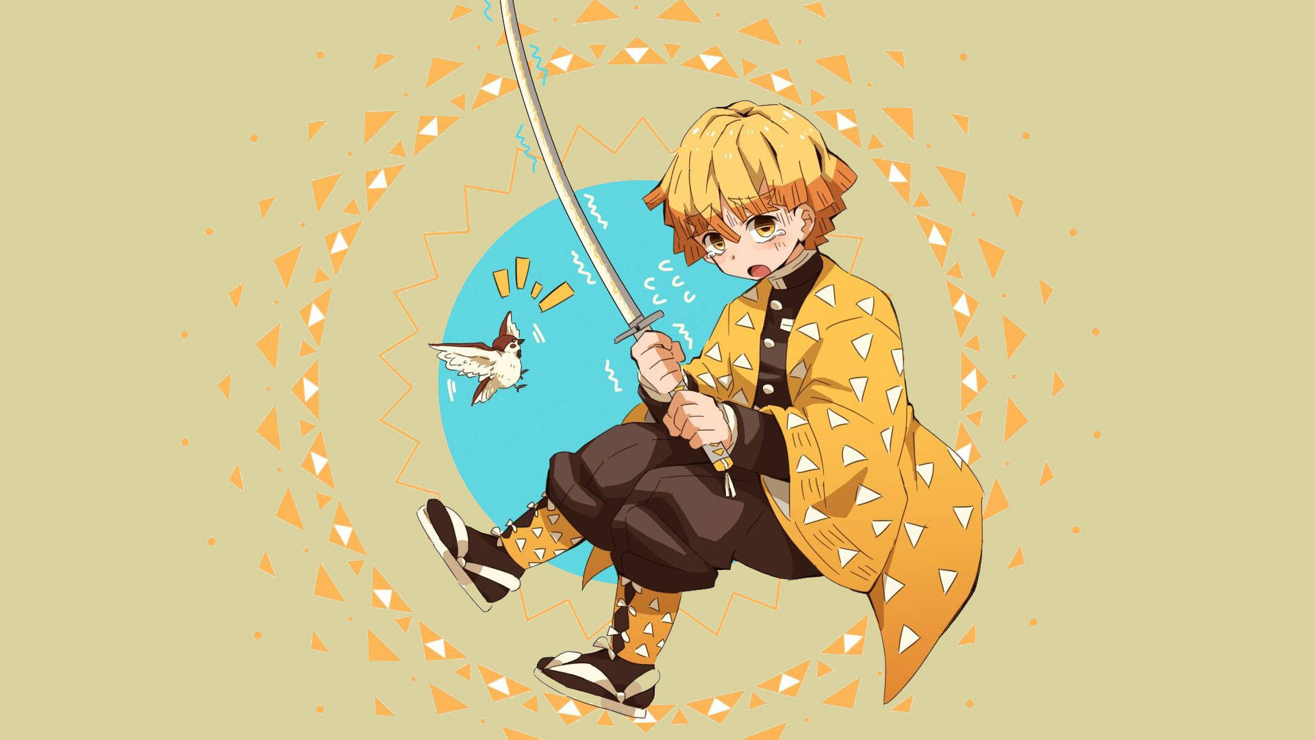 Zenitsu, yellow patterned kimono, swirling orange and blue background, Full HD Desktop Wallpaper