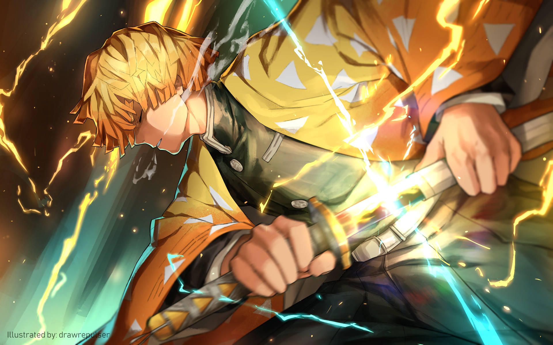 Zenitsu, Breathing Technique, golden hair, Full HD Desktop Wallpaper