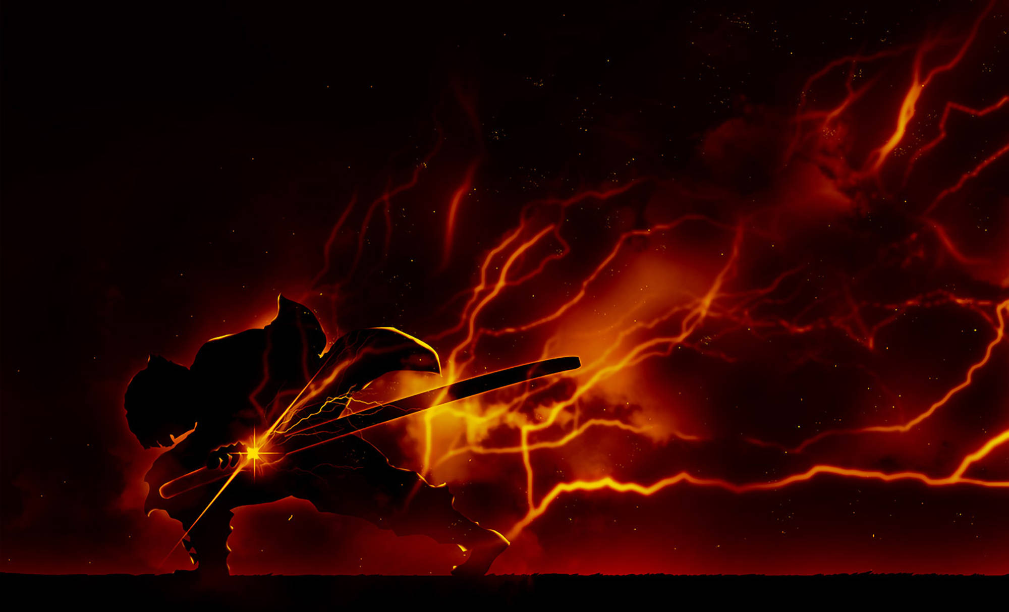 Zenitsu, orange lightning, glowing sword, Full HD Desktop Wallpaper