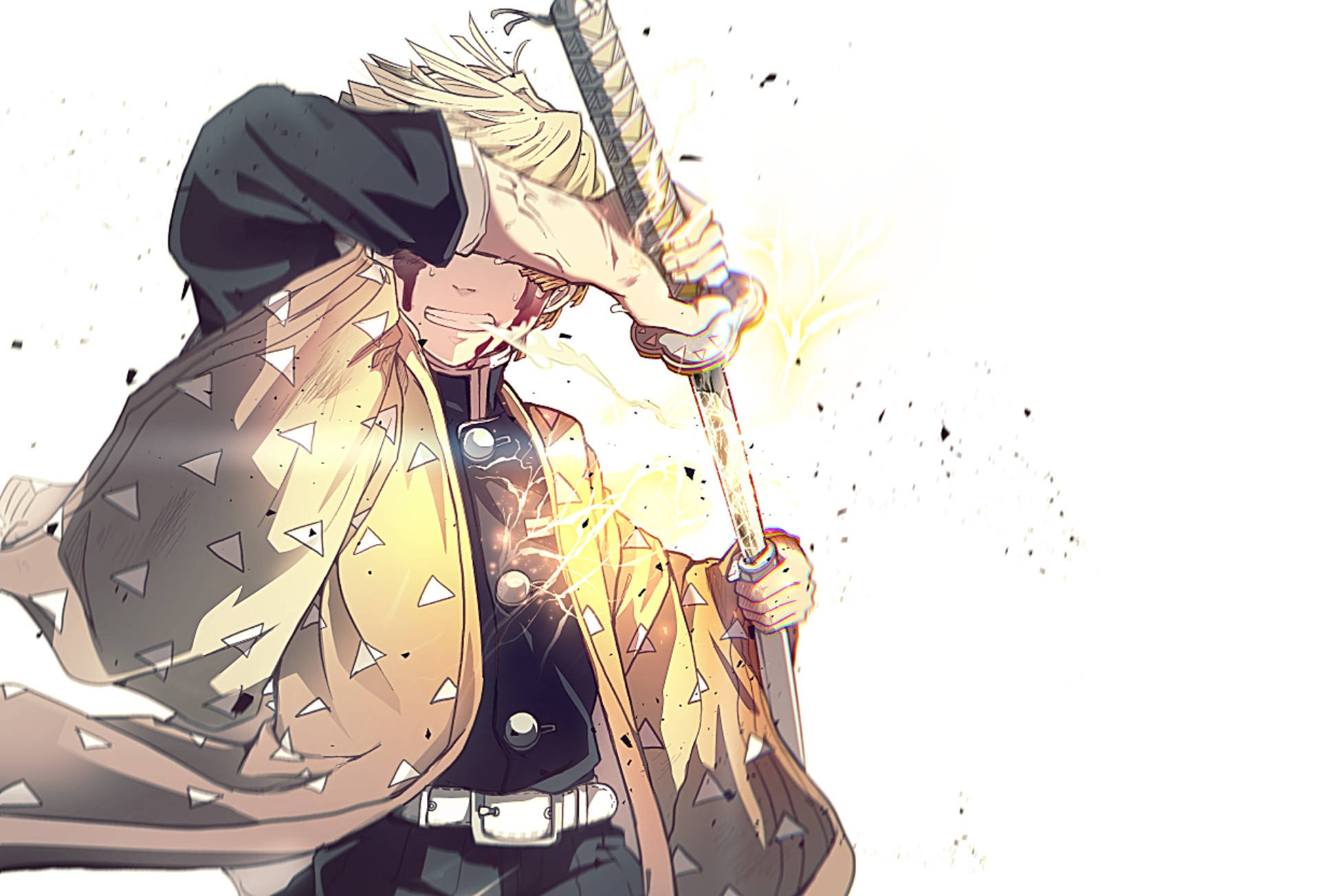 Zenitsu, lightning katana, spiky blonde hair, Full HD Desktop Wallpaper