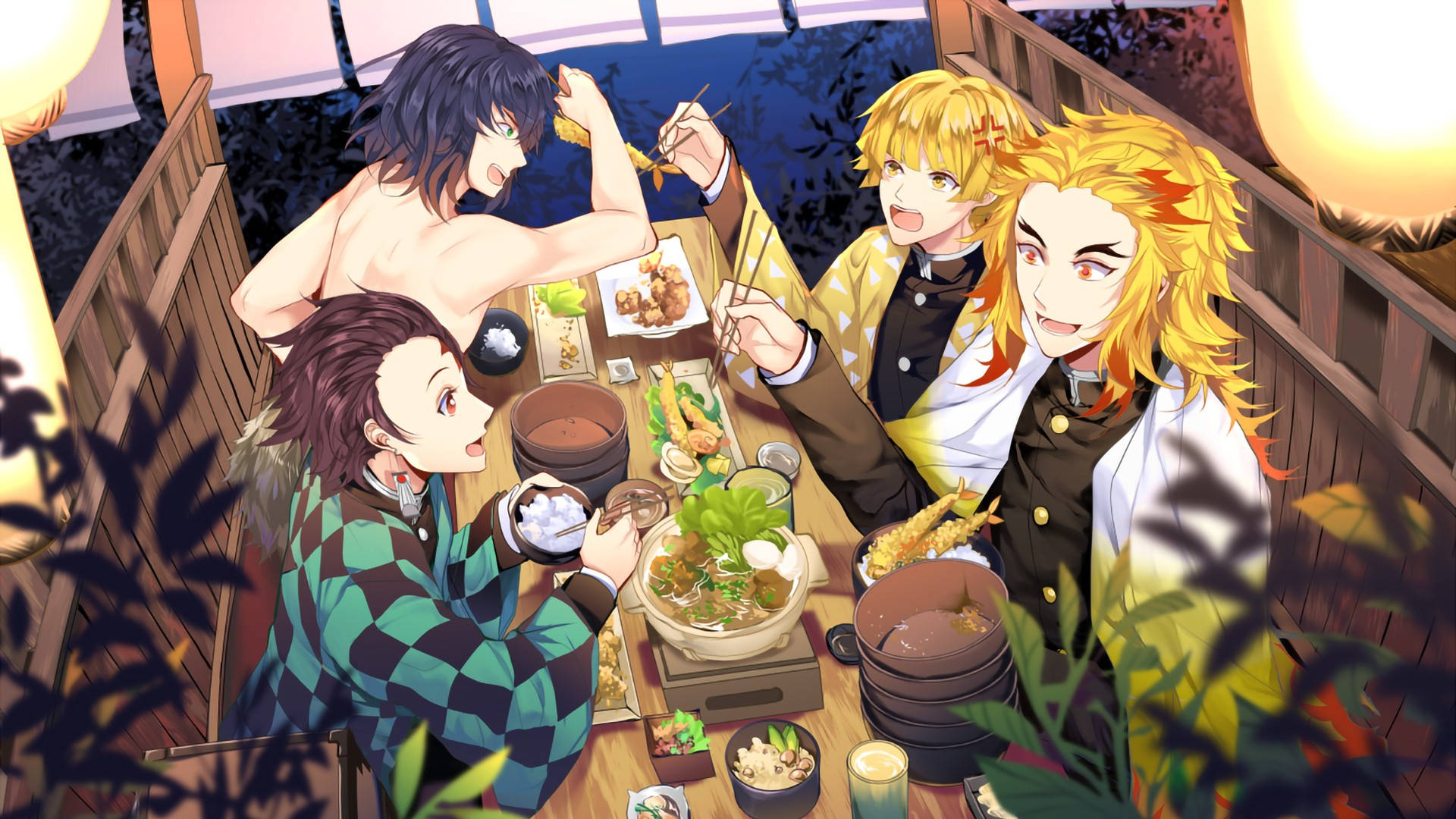 Zenitsu, dinner, warm lanterns, Full HD Desktop Wallpaper