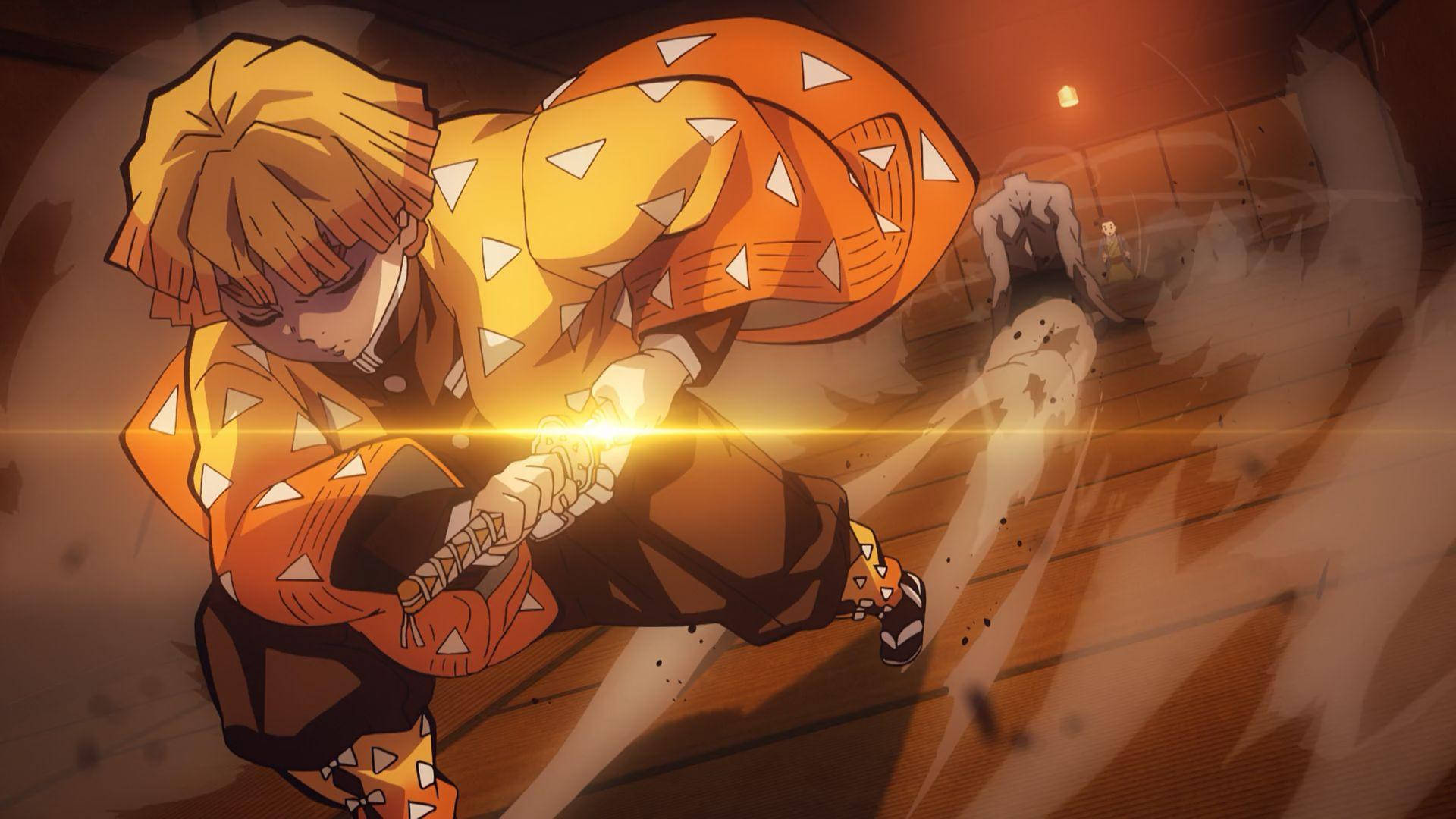 Zenitsu, orange kimono, glowing sword, Full HD Desktop Wallpaper