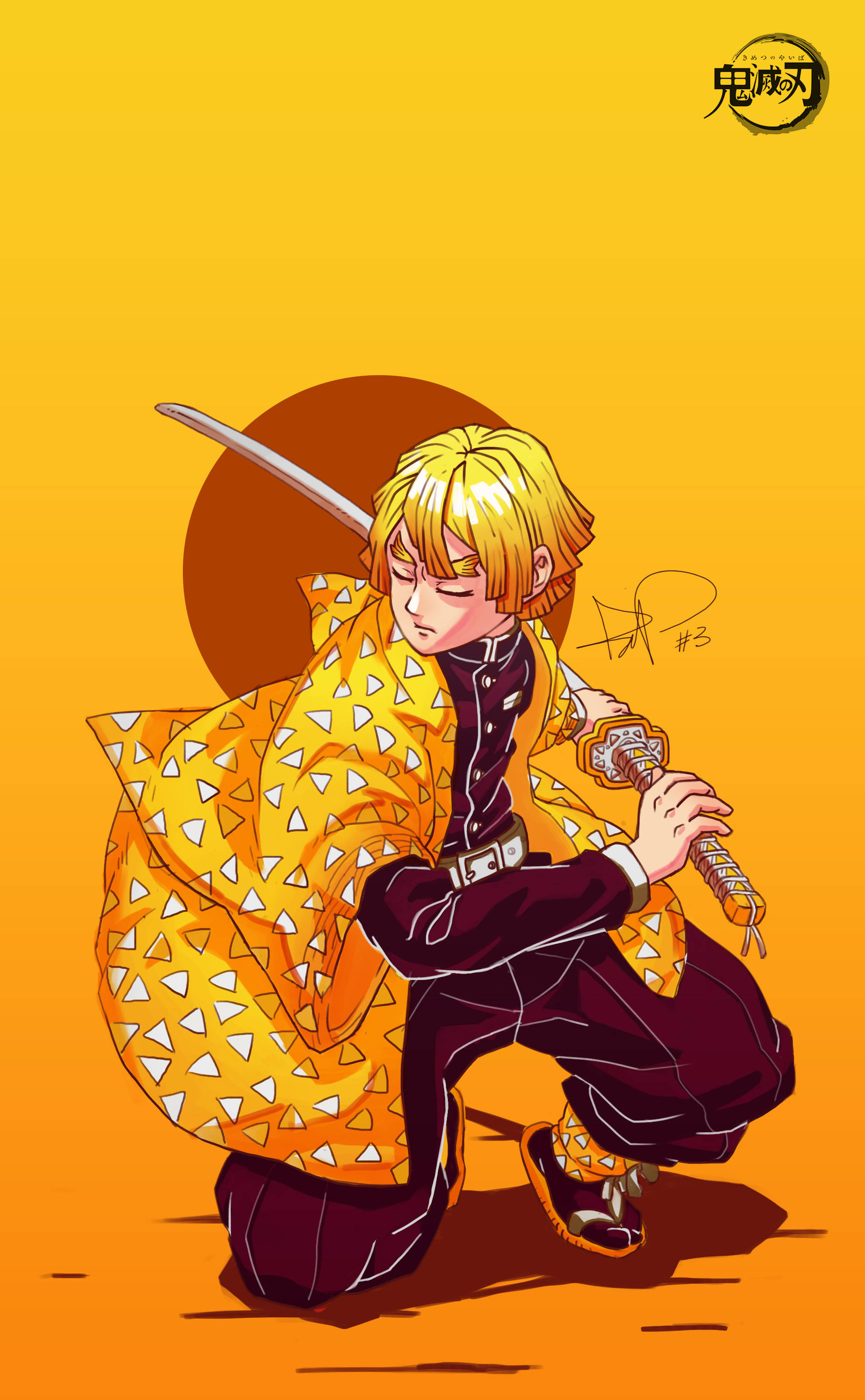 Zenitsu, orange gradient background, dark circular motif, 2K Phone Wallpaper