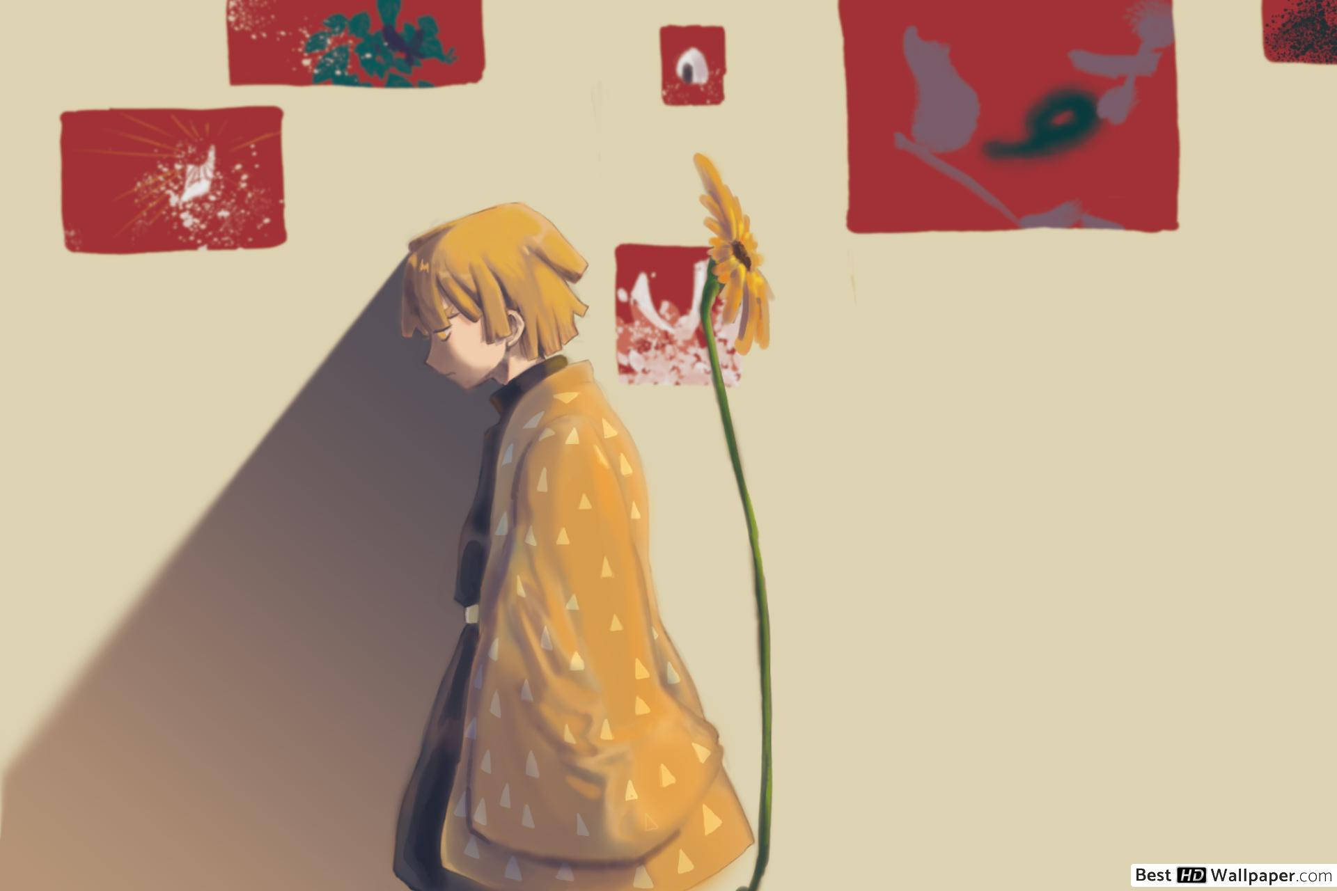 Zenitsu, sunflower, yellow patterned coat, Full HD Desktop Wallpaper
