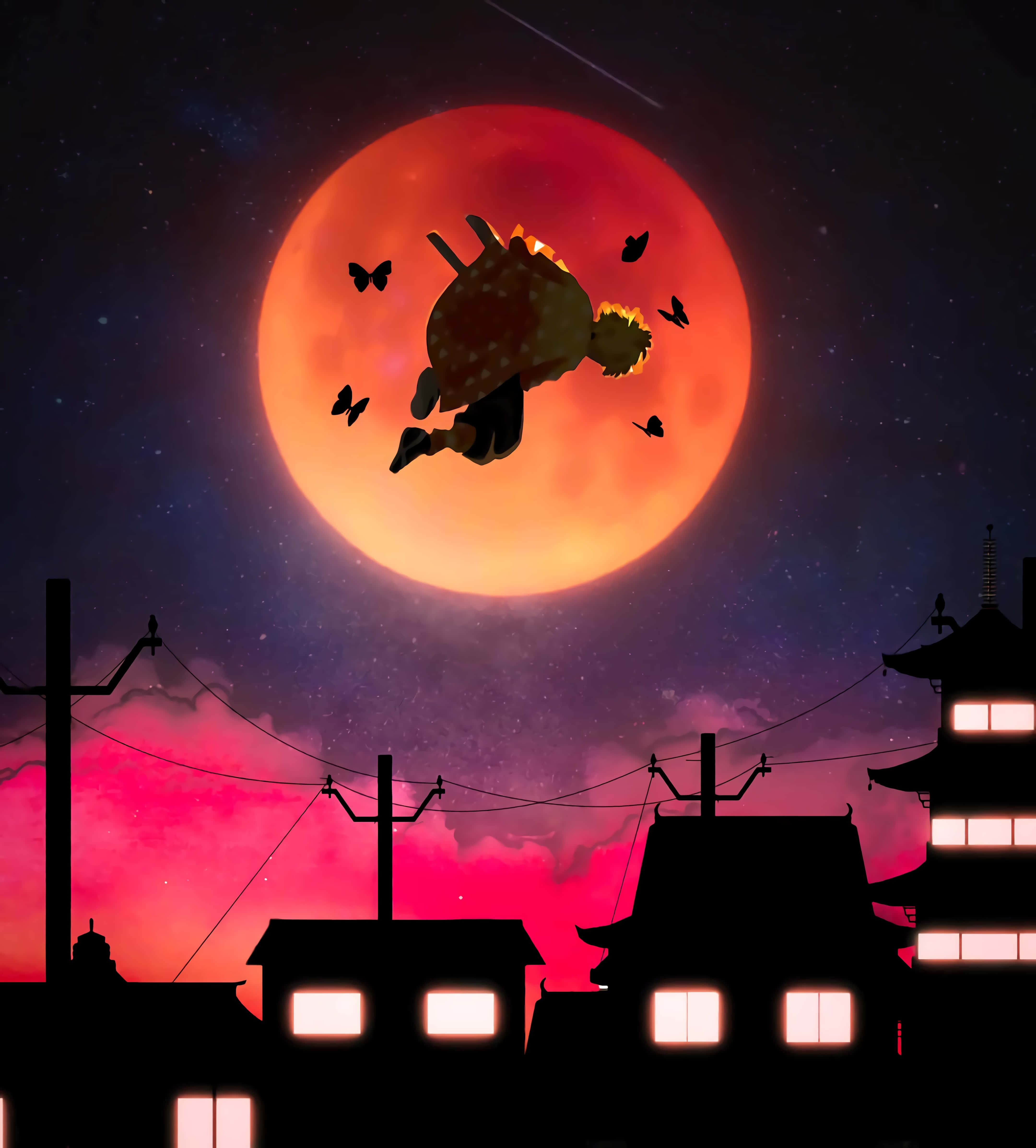 Zenitsu, fiery-haired anime character, blood-orange moonlit sky, 4K Phone Wallpaper