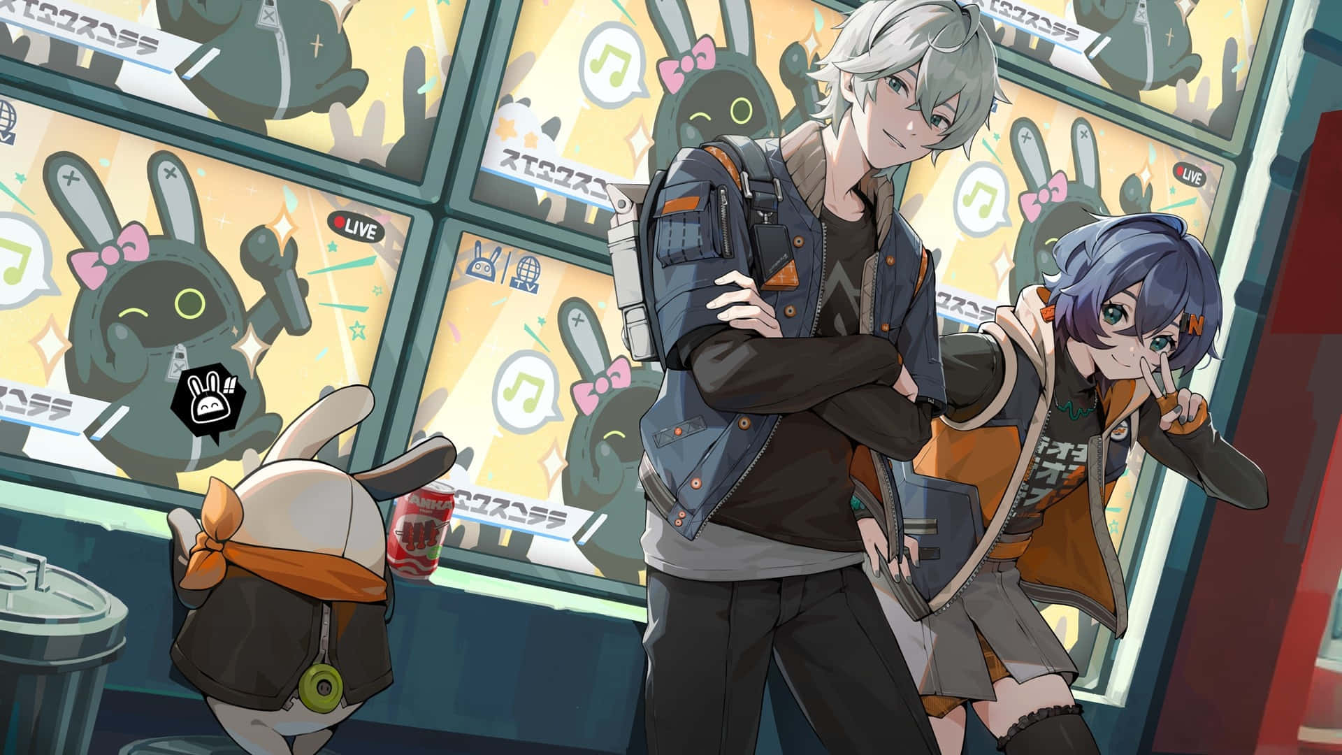 Zenless Zone Zero, anime characters, glowing rabbit-themed arcade screens, Full HD Desktop Wallpaper
