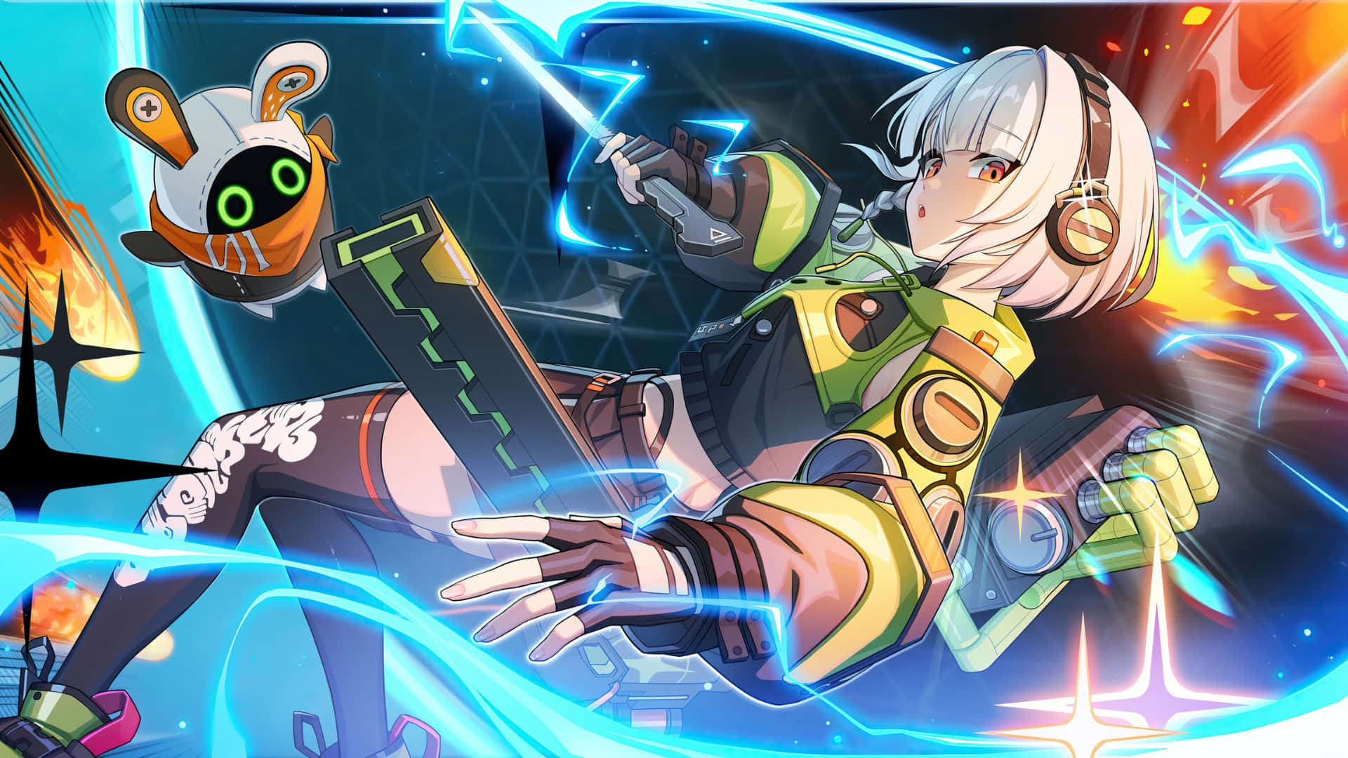 Zenless Zone Zero, silver-haired anime girl, green and black gear, Full HD Desktop Wallpaper