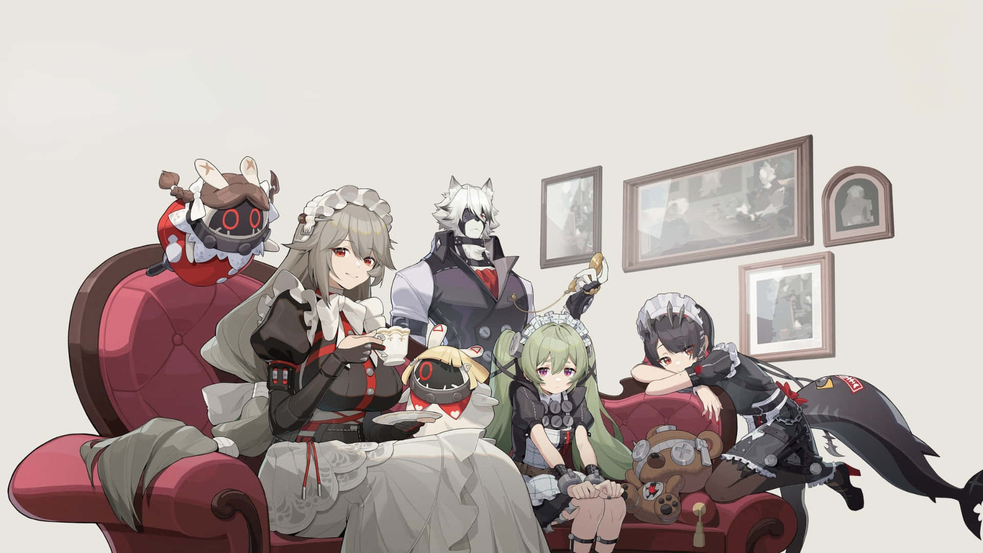 Zenless Zone Zero, maid outfits, red sofa, Full HD Desktop Wallpaper