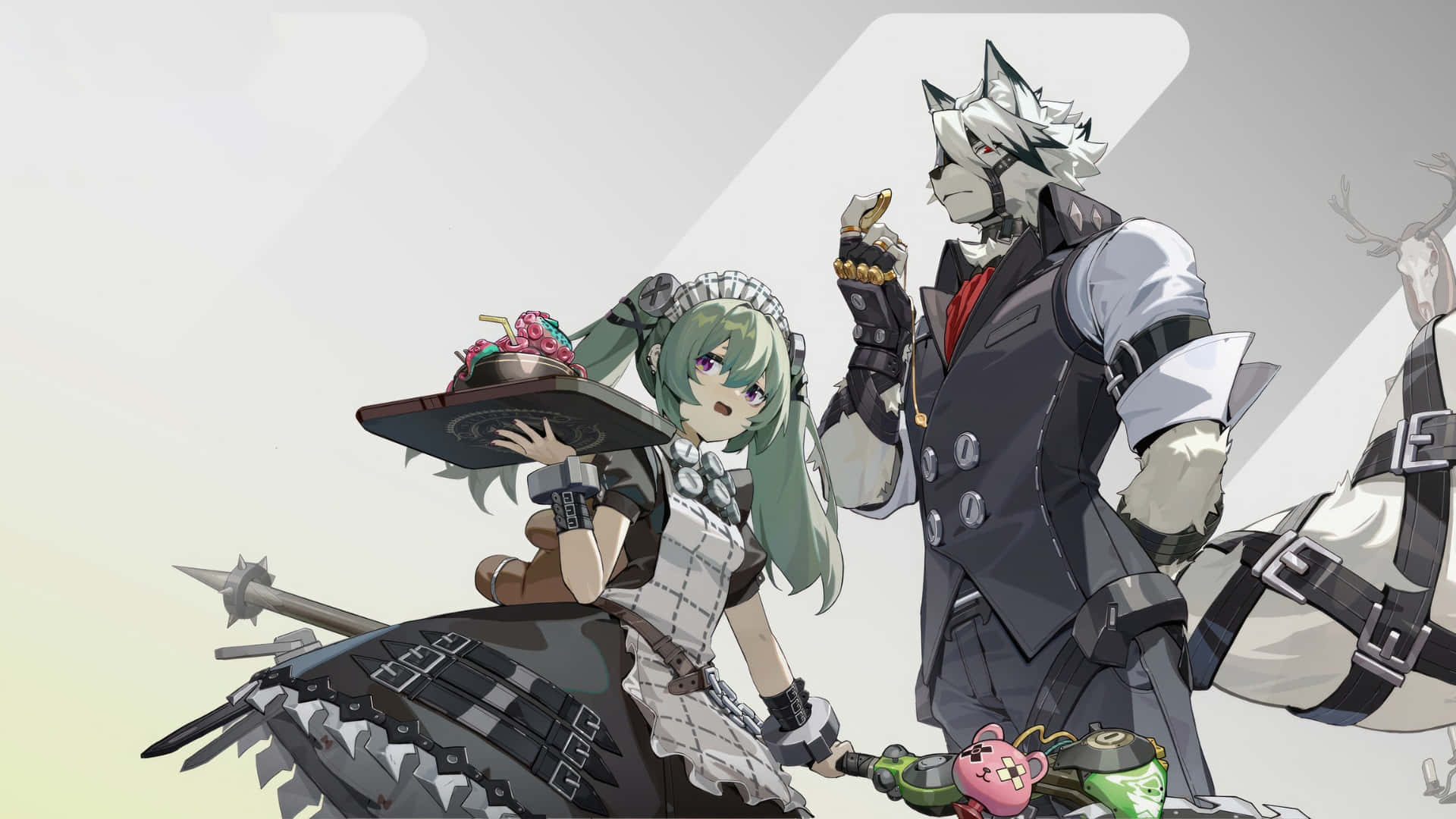 Zenless Zone Zero, green hair, white hair, Full HD Desktop Wallpaper
