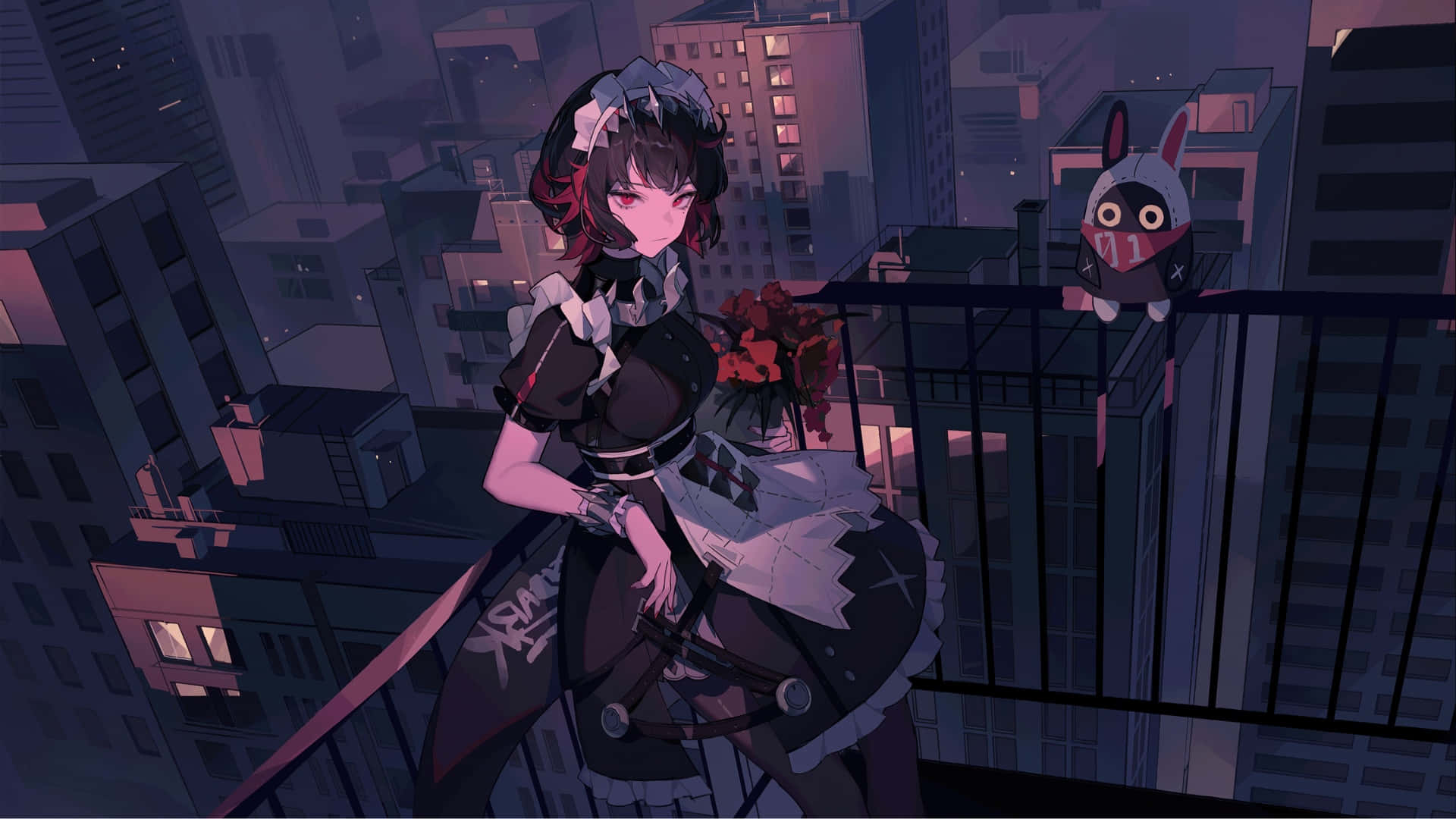 Zenless Zone Zero, night rooftop scene, red hair, Full HD Desktop Wallpaper