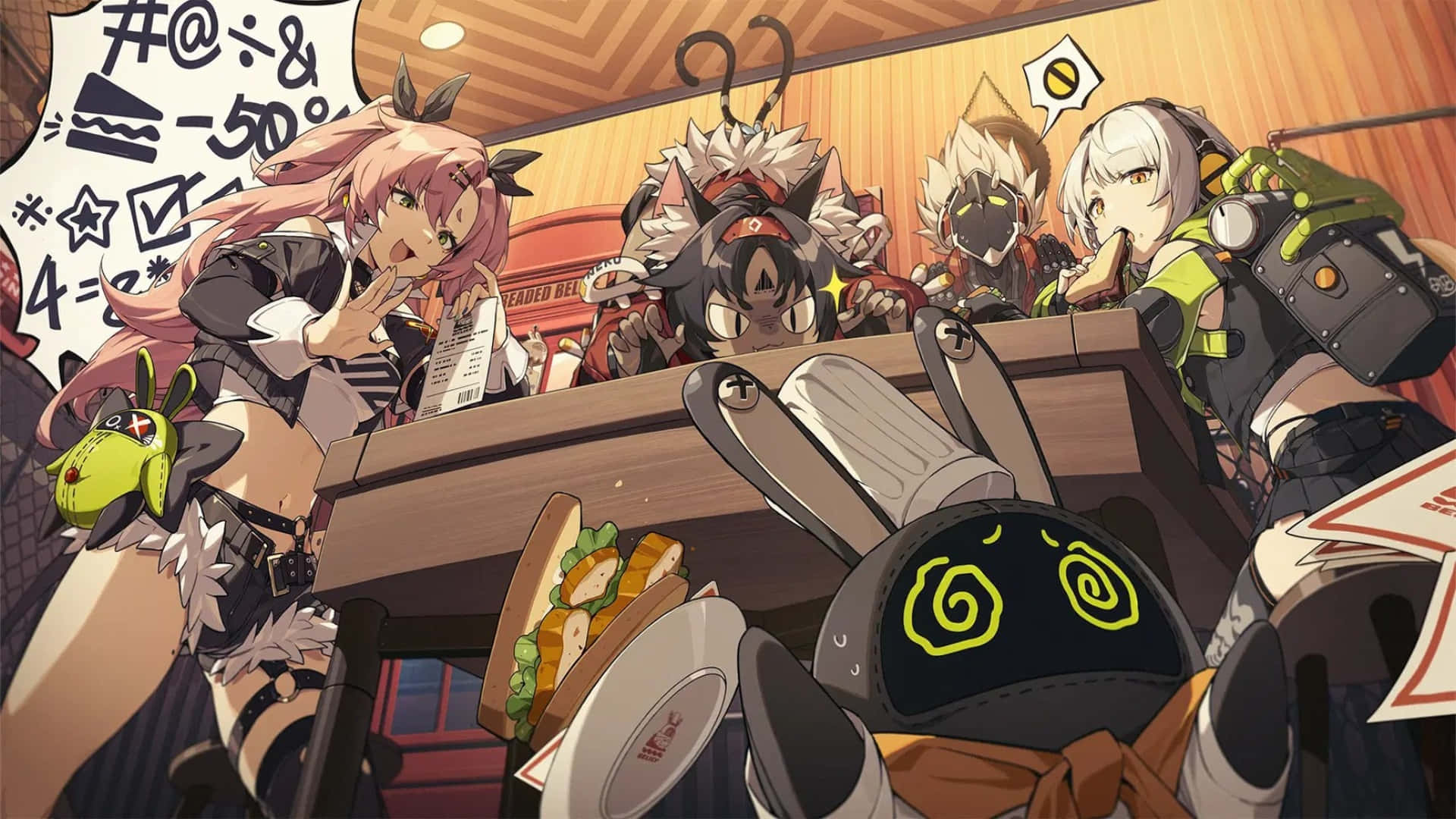 Zenless Zone Zero, anime characters, bustling cafe, Full HD Desktop Wallpaper