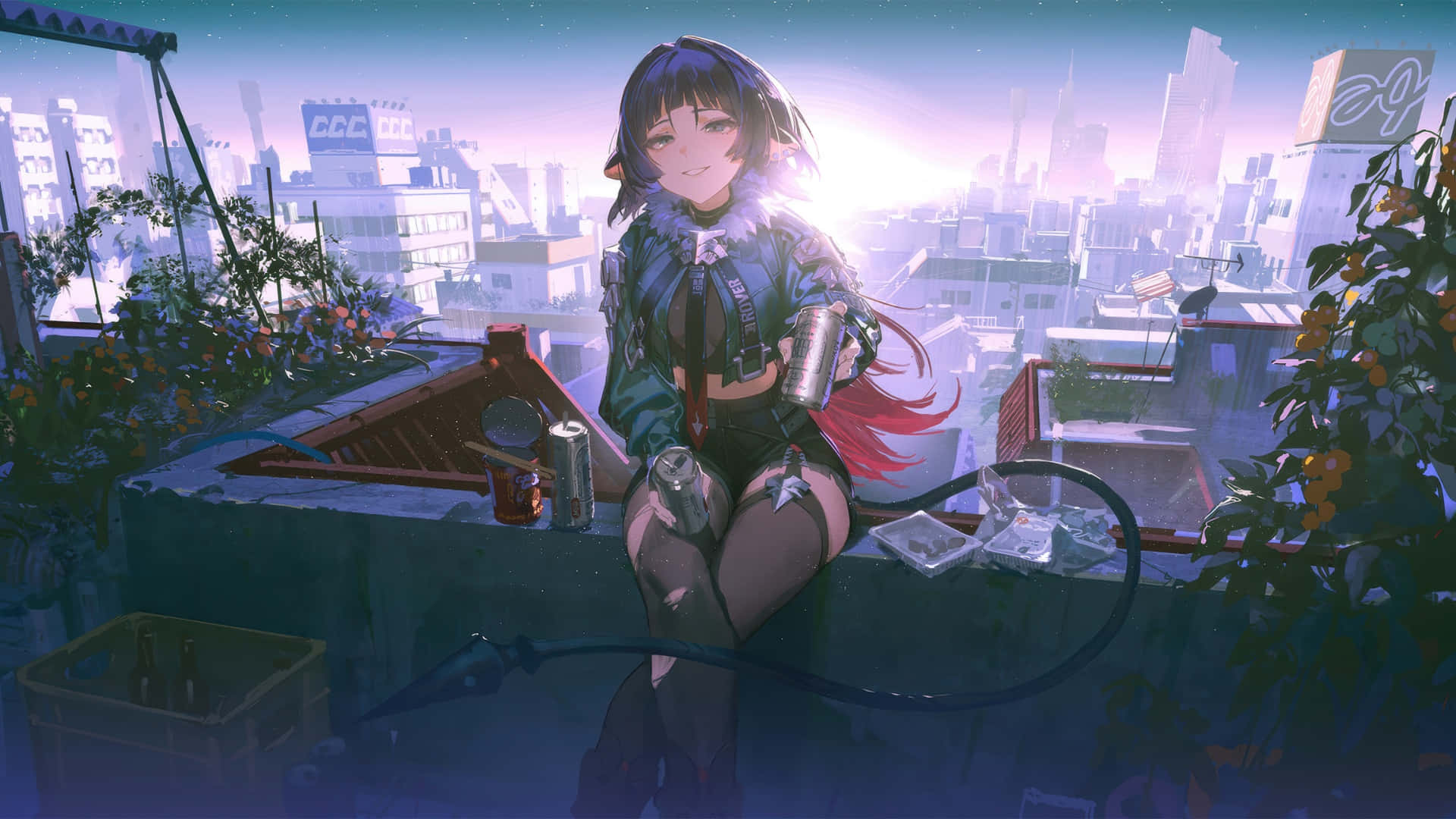Zenless Zone Zero, urban rooftop scene, anime girl with dark hair and red streaks, Full HD Desktop Wallpaper