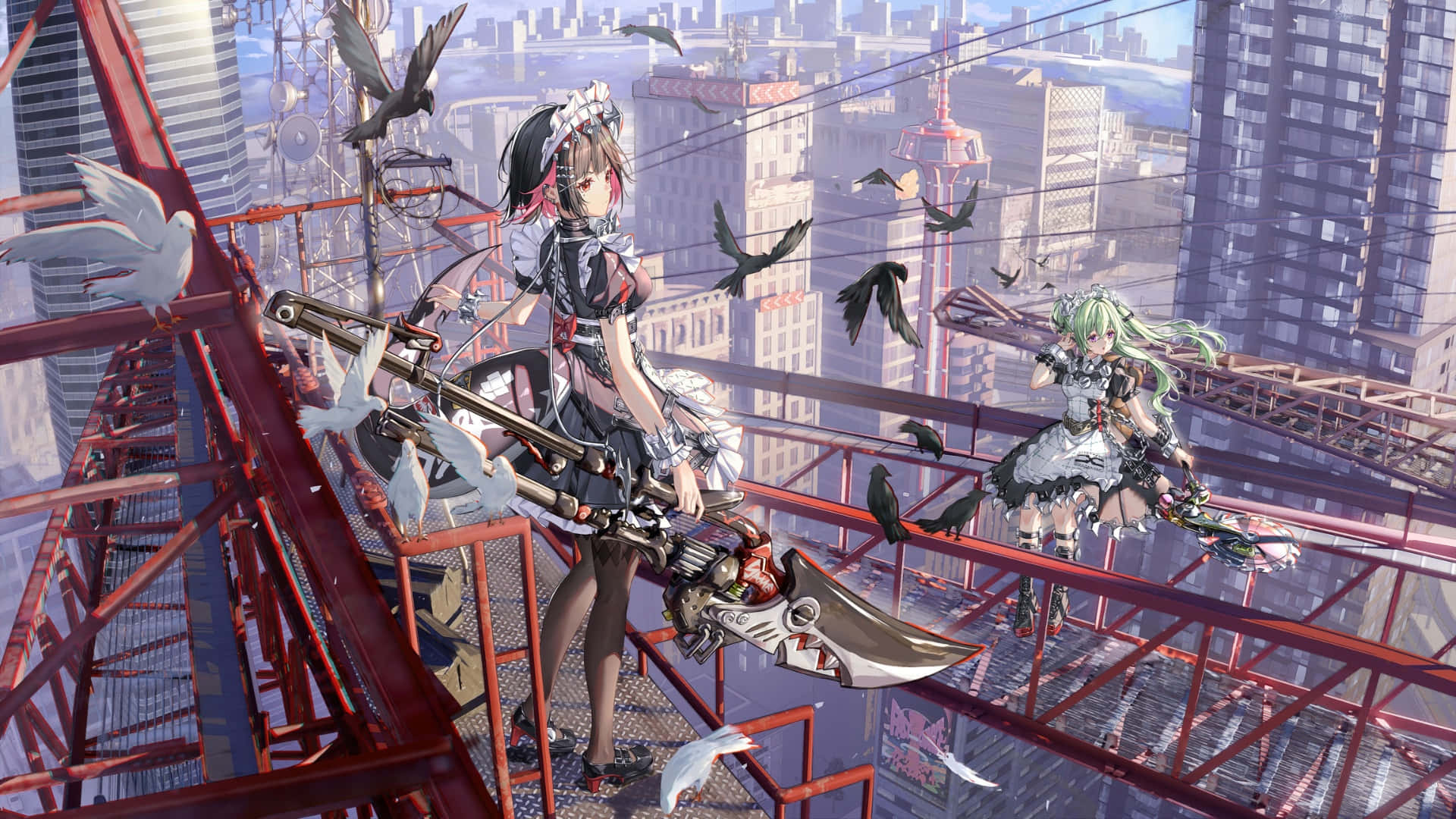 Zenless Zone Zero, maid outfits, red steel structure, Full HD Desktop Wallpaper
