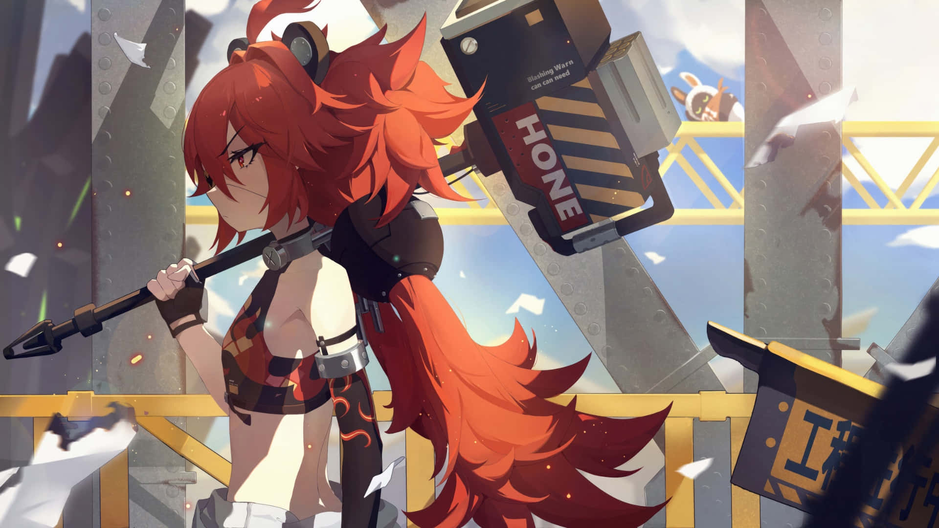 Zenless Zone Zero, fiery red-haired anime girl, mechanical arm, Full HD Desktop Wallpaper