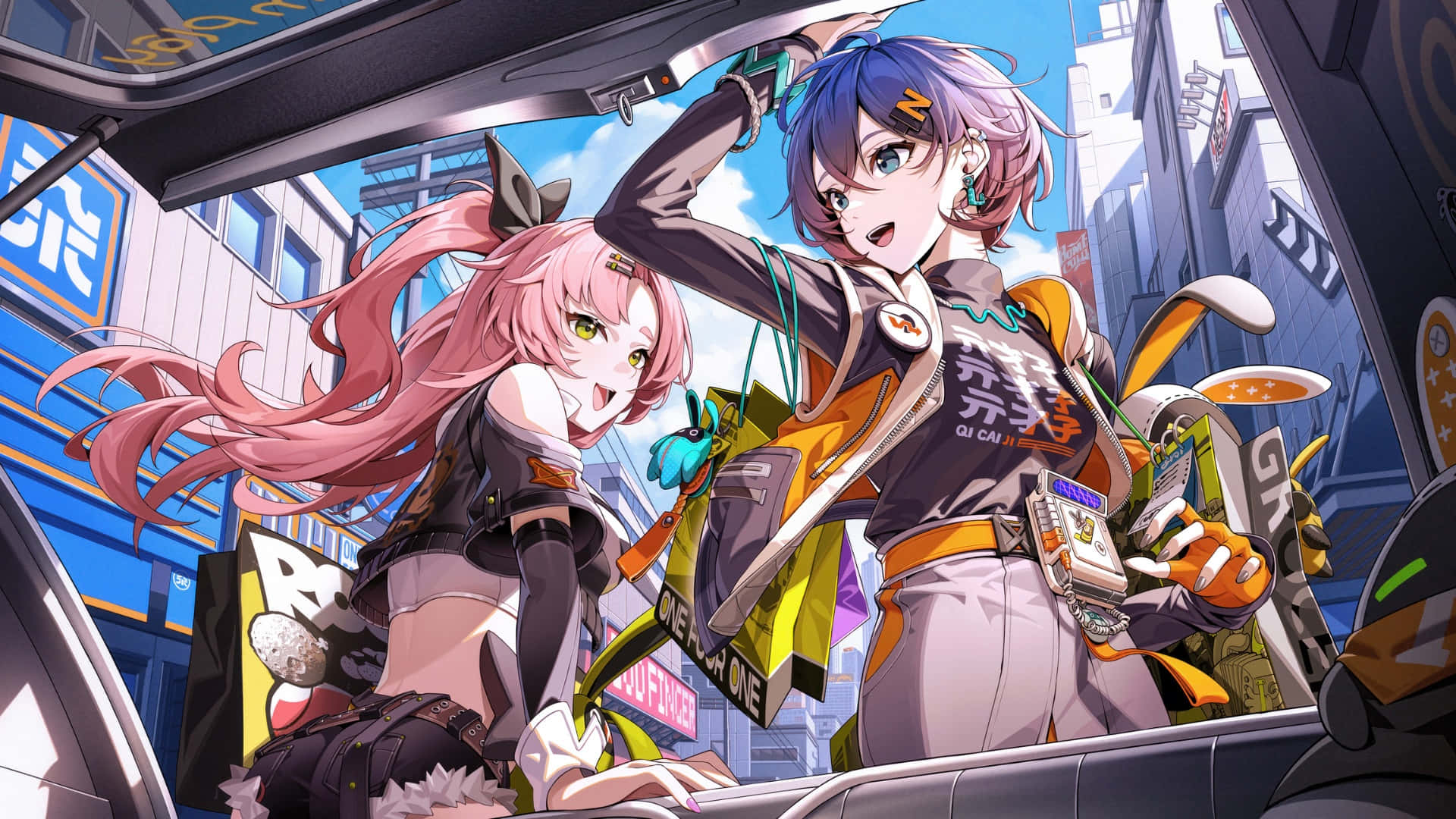 Zenless Zone Zero, pink hair, blue hair, Full HD Desktop Wallpaper