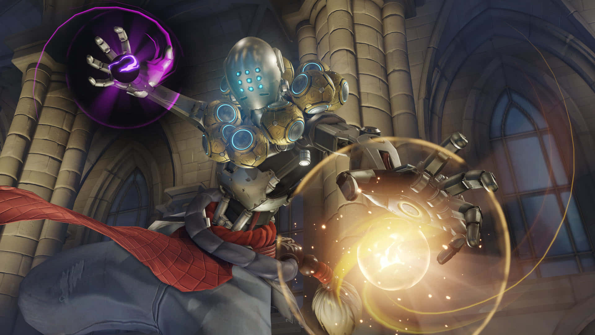Zenyatta, ornate armor, glowing purple and gold energy, Full HD Desktop Wallpaper