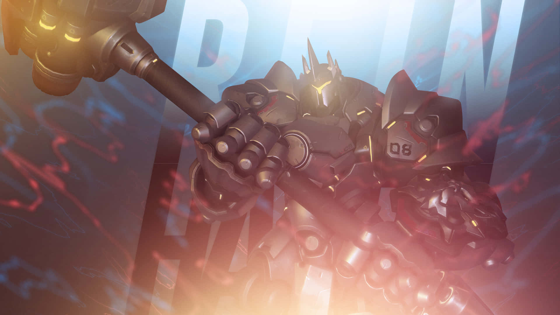 Zenyatta, glowing yellow eyes, massive hammer, Full HD Desktop Wallpaper