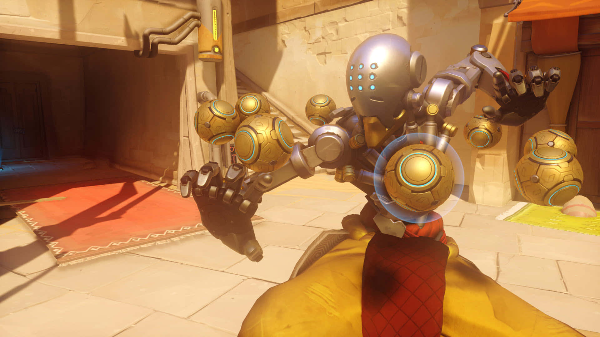 Zenyatta, golden and silver robot, glowing blue eyes, Full HD Desktop Wallpaper