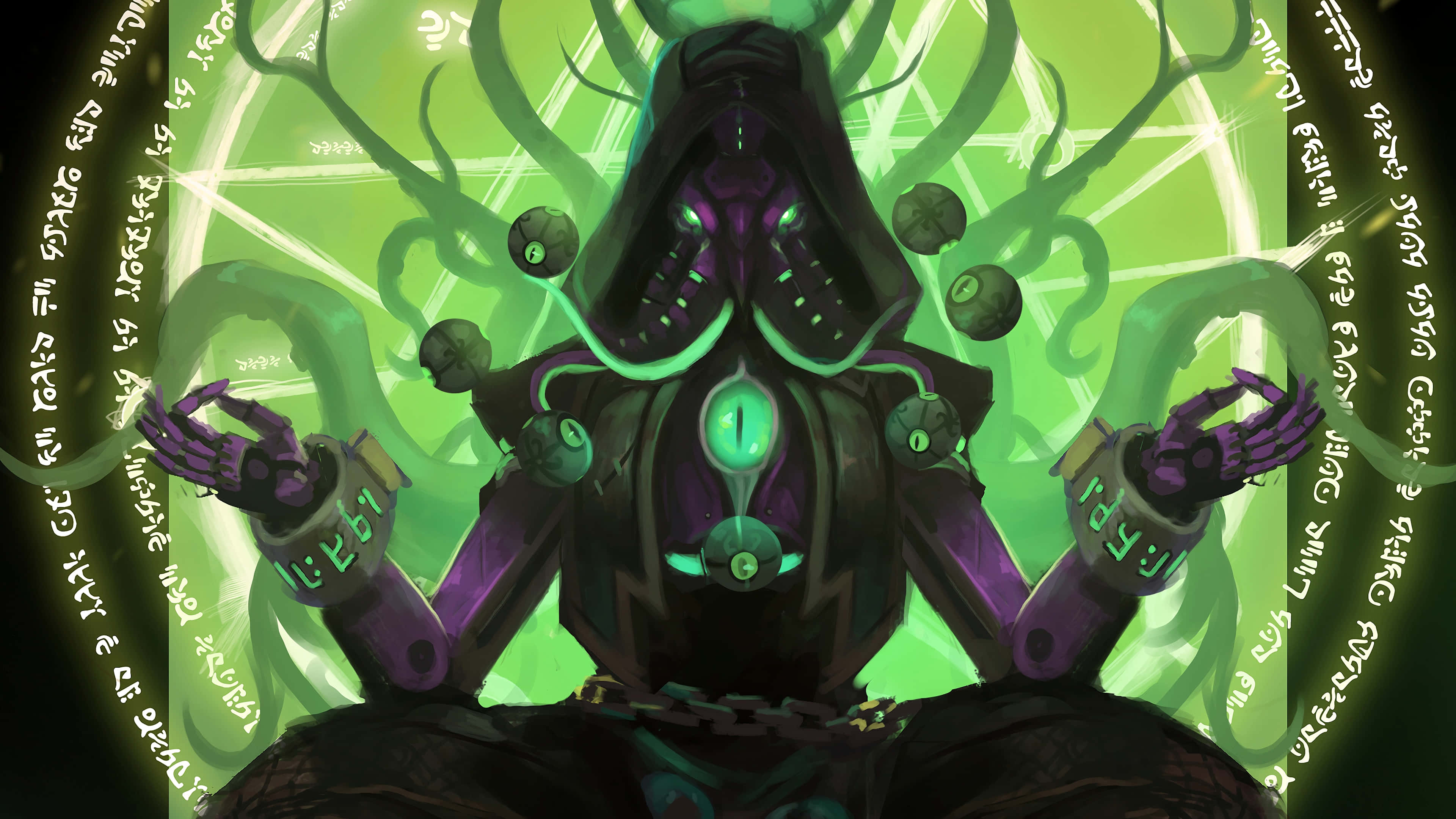 Zenyatta, purple hooded figure, glowing green eyes, 4K Desktop Wallpaper