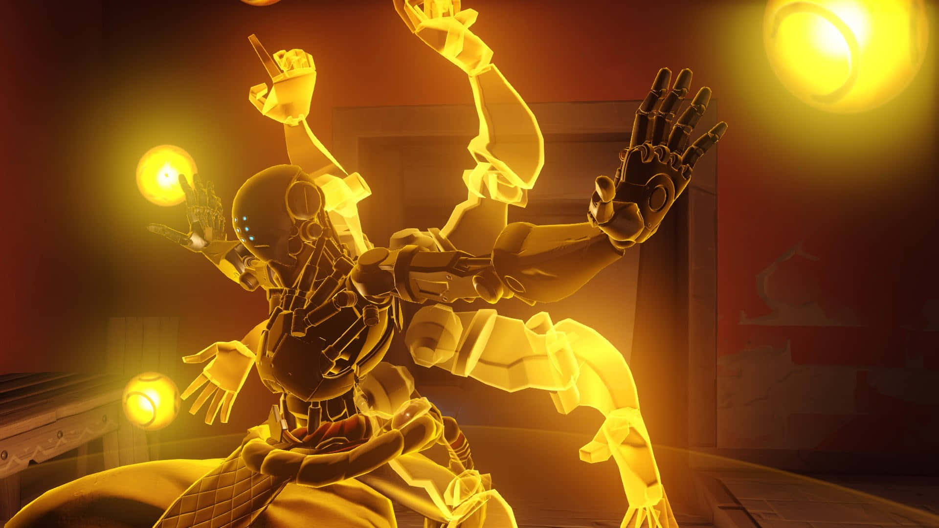 Zenyatta, golden light hands, glowing golden robot, Full HD Desktop Wallpaper