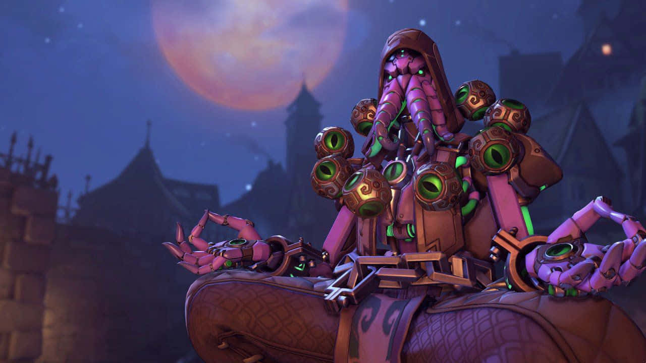 Zenyatta, glowing green eyes, large orange moon, HD Desktop Wallpaper