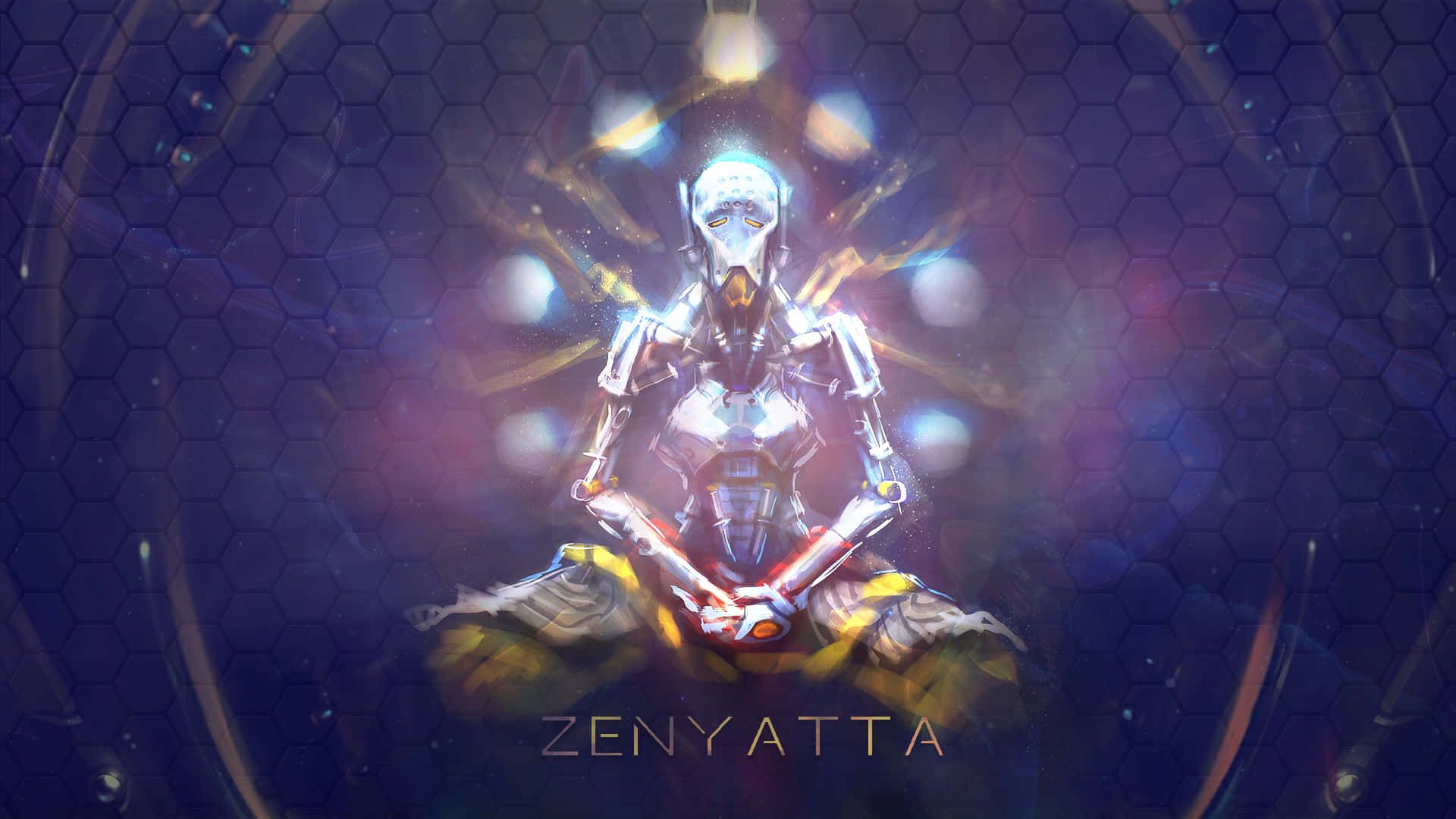 Zenyatta, glowing robotic figure, hexagonal digital space, Full HD Desktop Wallpaper