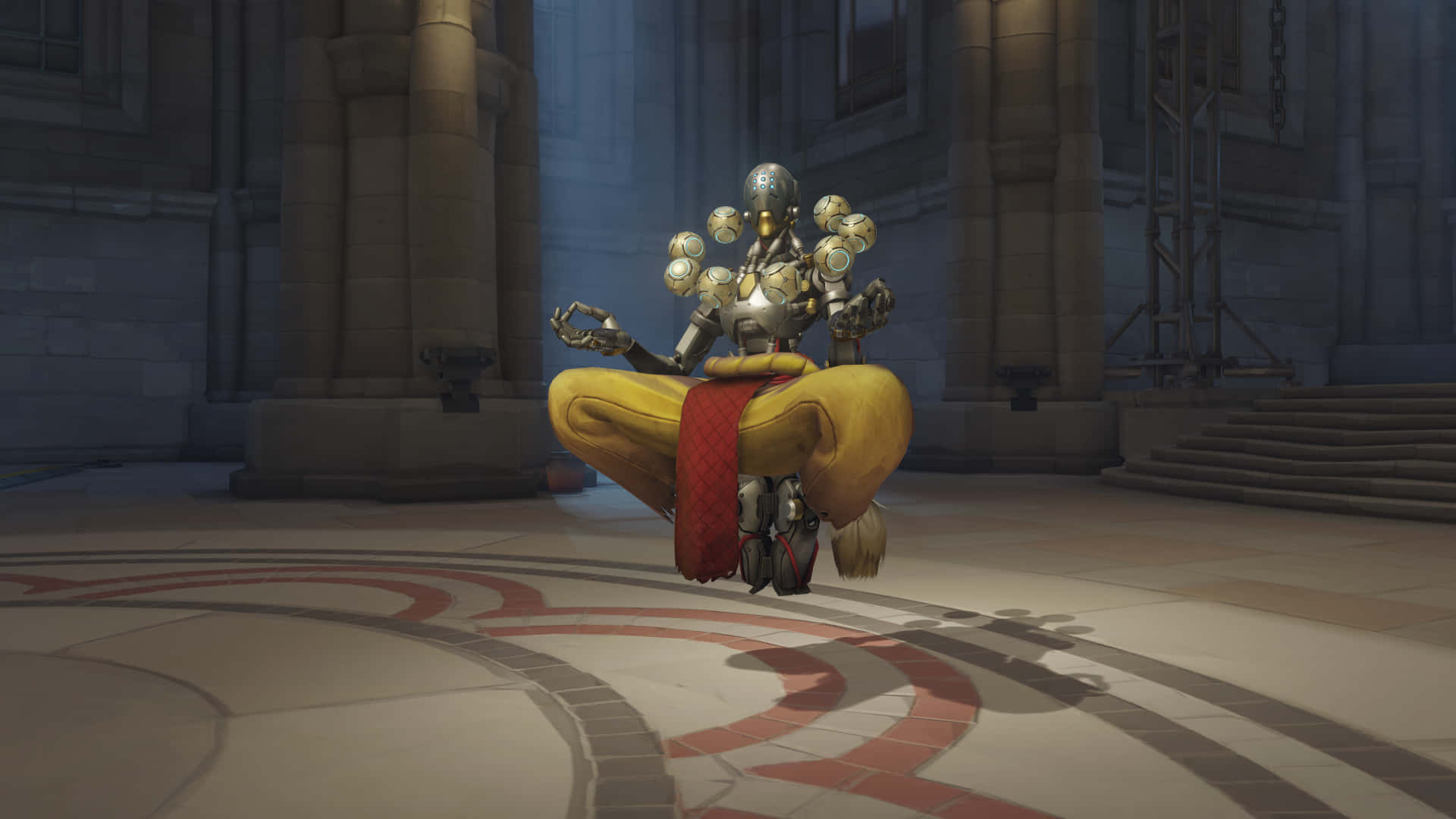 Zenyatta, red dress, yellow beanbag, Full HD Desktop Wallpaper