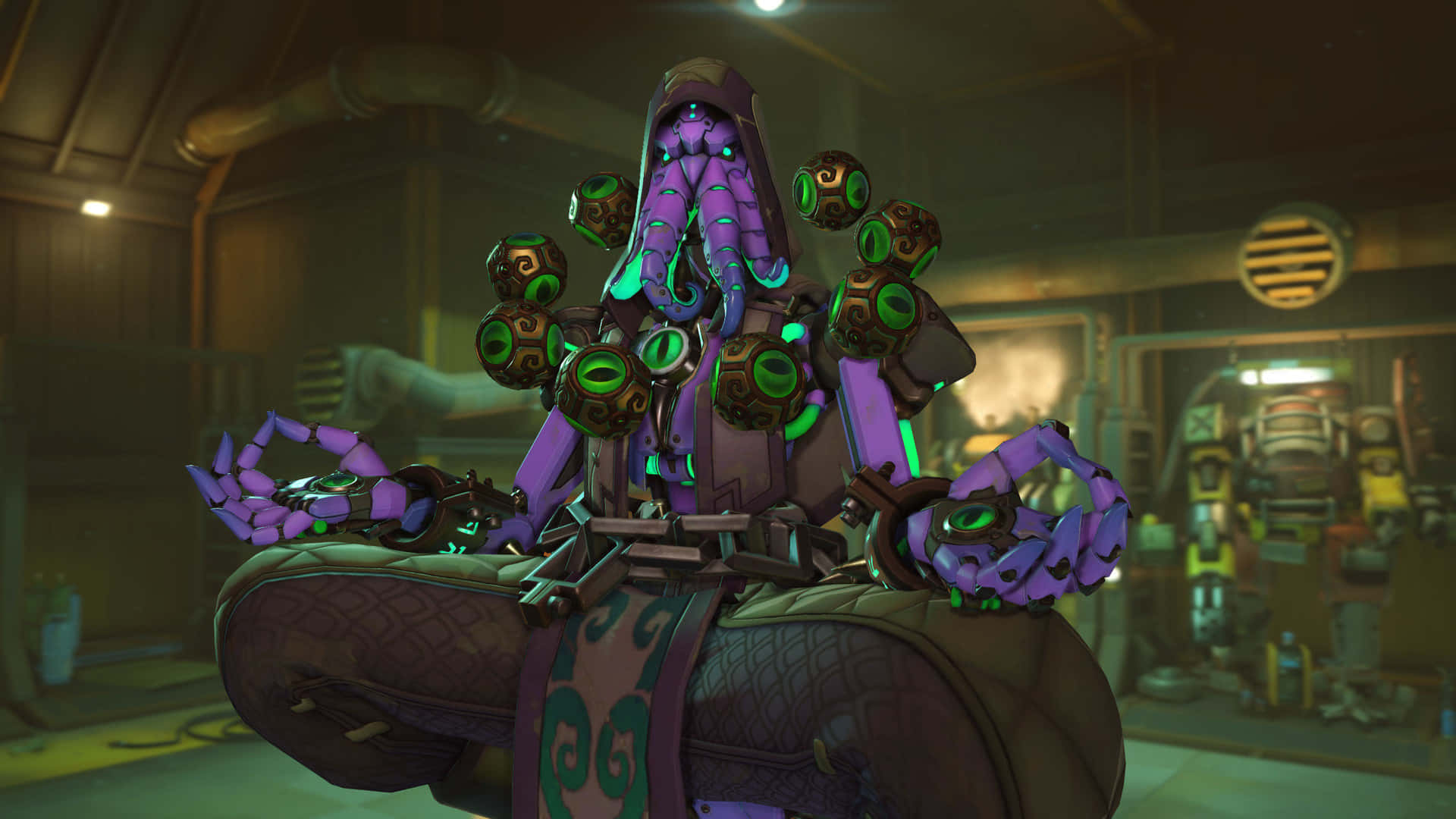 Zenyatta, purple octopus-like robot, glowing green eyes, Full HD Desktop Wallpaper