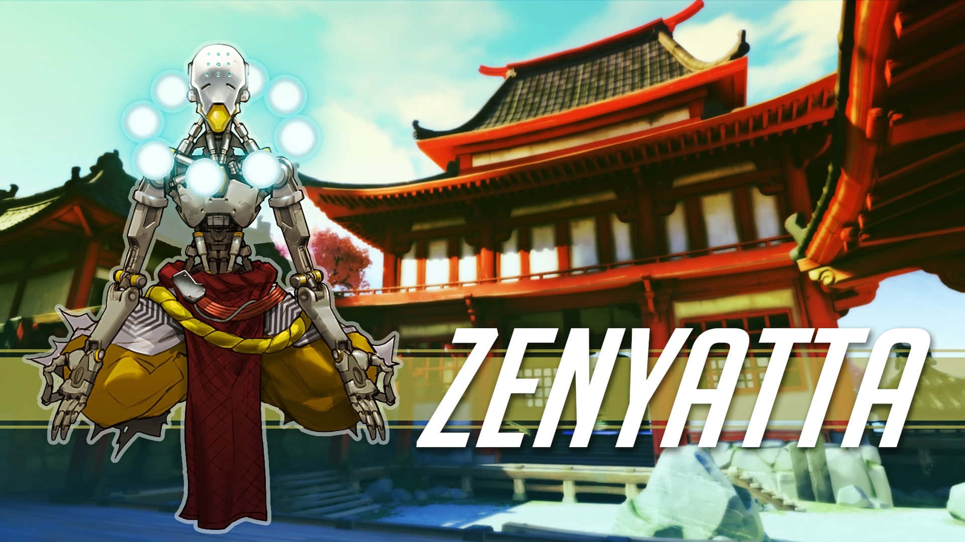 Zenyatta, glowing orbs, red Japanese temple, Full HD Desktop Wallpaper