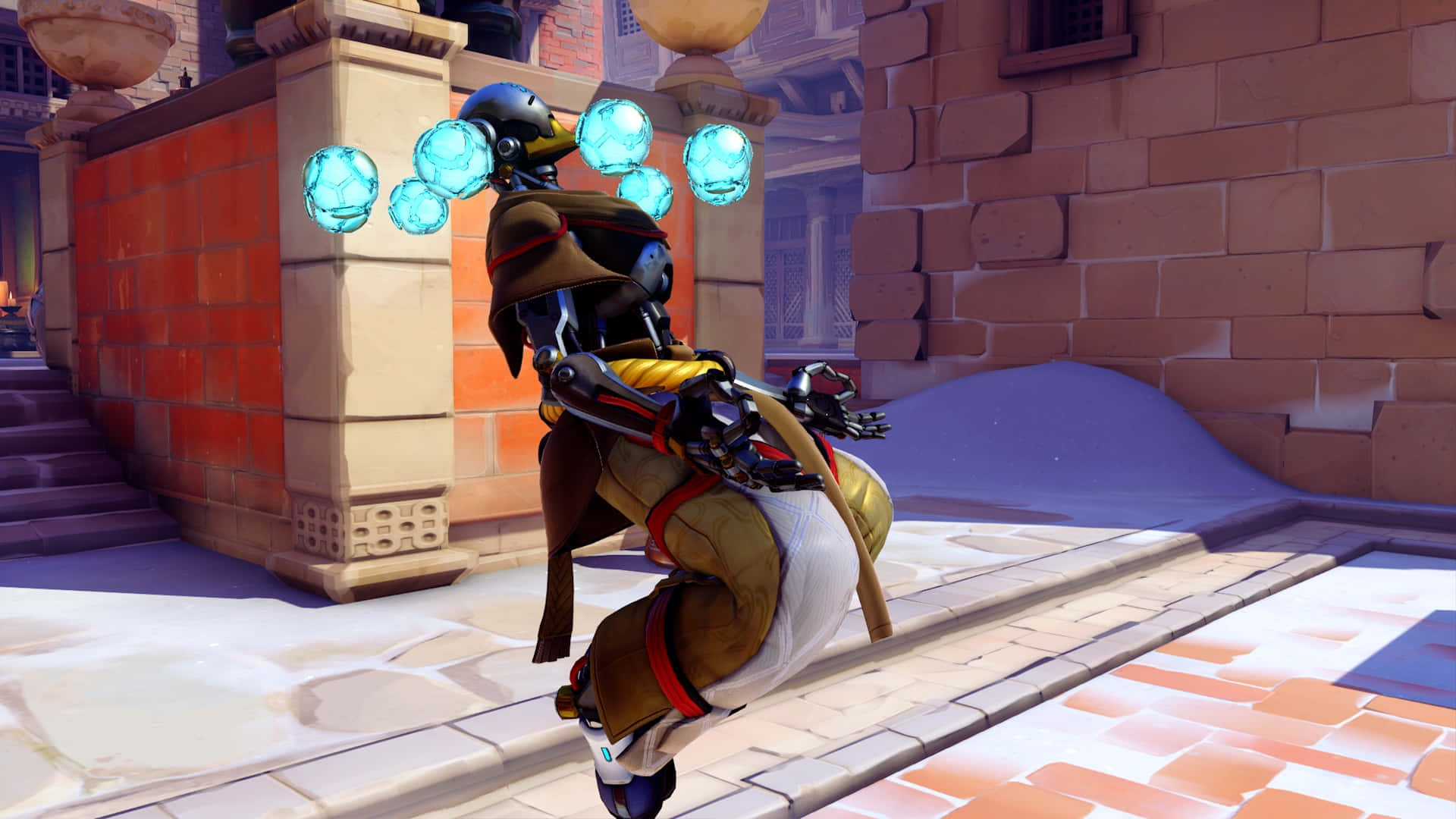 Zenyatta, brown and gold outfit, glowing blue orbs, Full HD Desktop Wallpaper