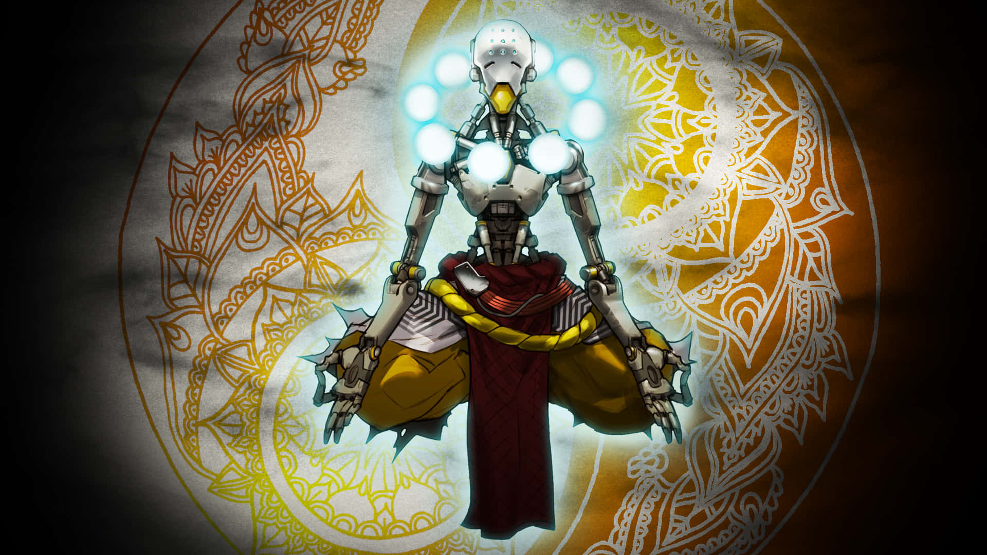 Zenyatta, golden mandala backdrop, robotic monk, Full HD Desktop Wallpaper