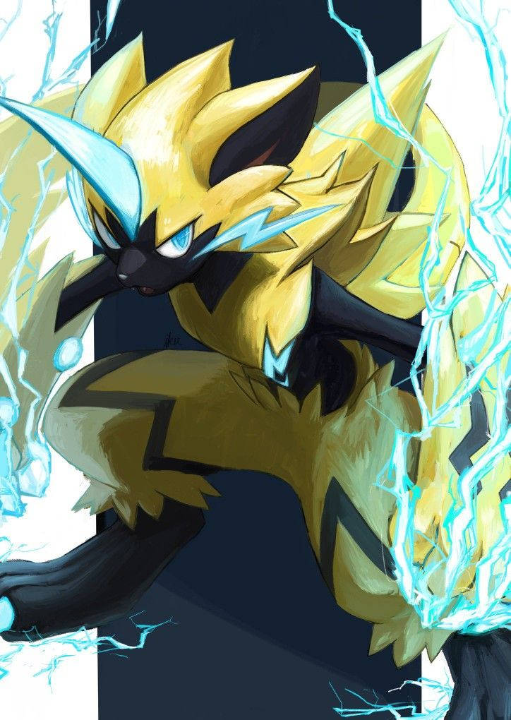 Zeraora, golden and black, glowing blue lightning, SD Phone Wallpaper