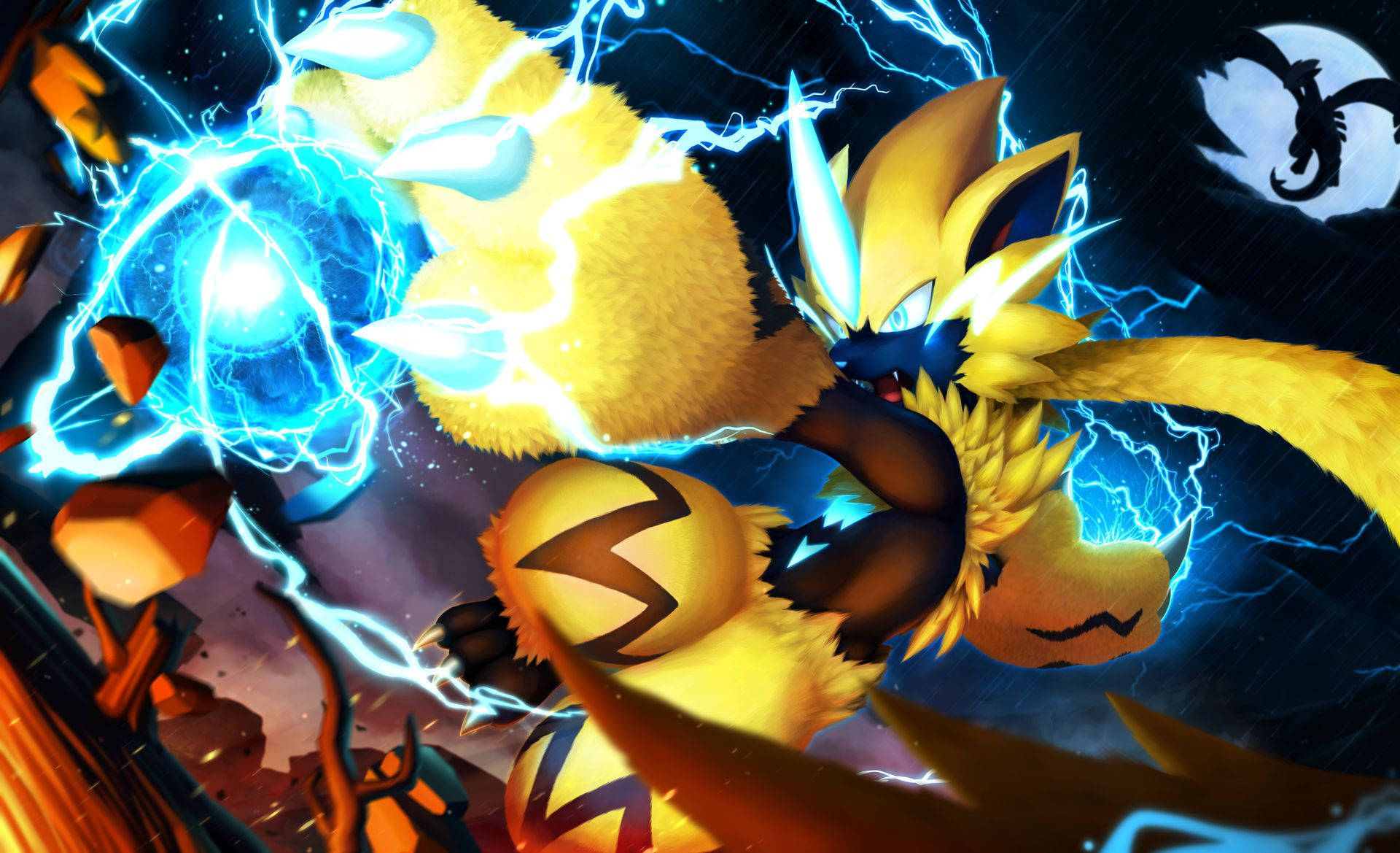 Zeraora, blue electric orb, crackling blue lightning attack, Full HD Desktop Wallpaper