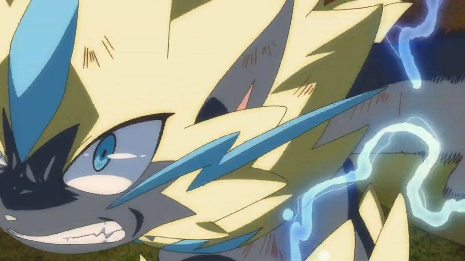 Zeraora, spiky yellow and blue fur, electric energy crackles around its face, Full HD Desktop Wallpaper
