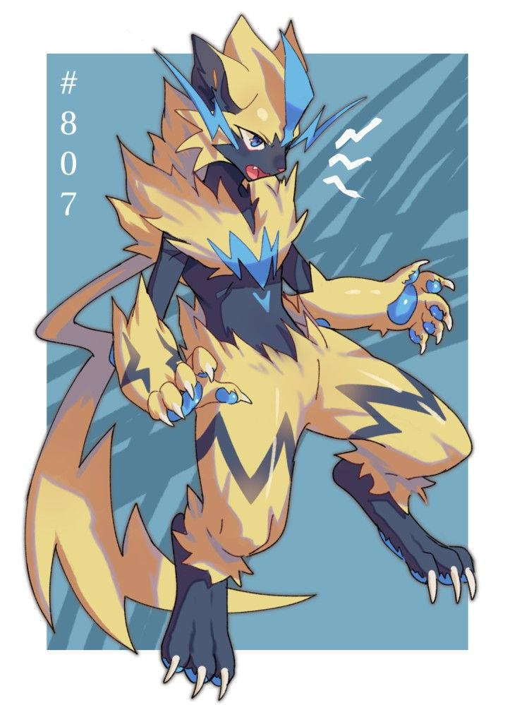 Zeraora, anime-style lightning fox, golden fur, SD Phone Wallpaper