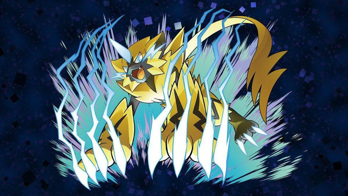 Zeraora, golden lion-like, jagged blue lightning bolts, SD Desktop Wallpaper