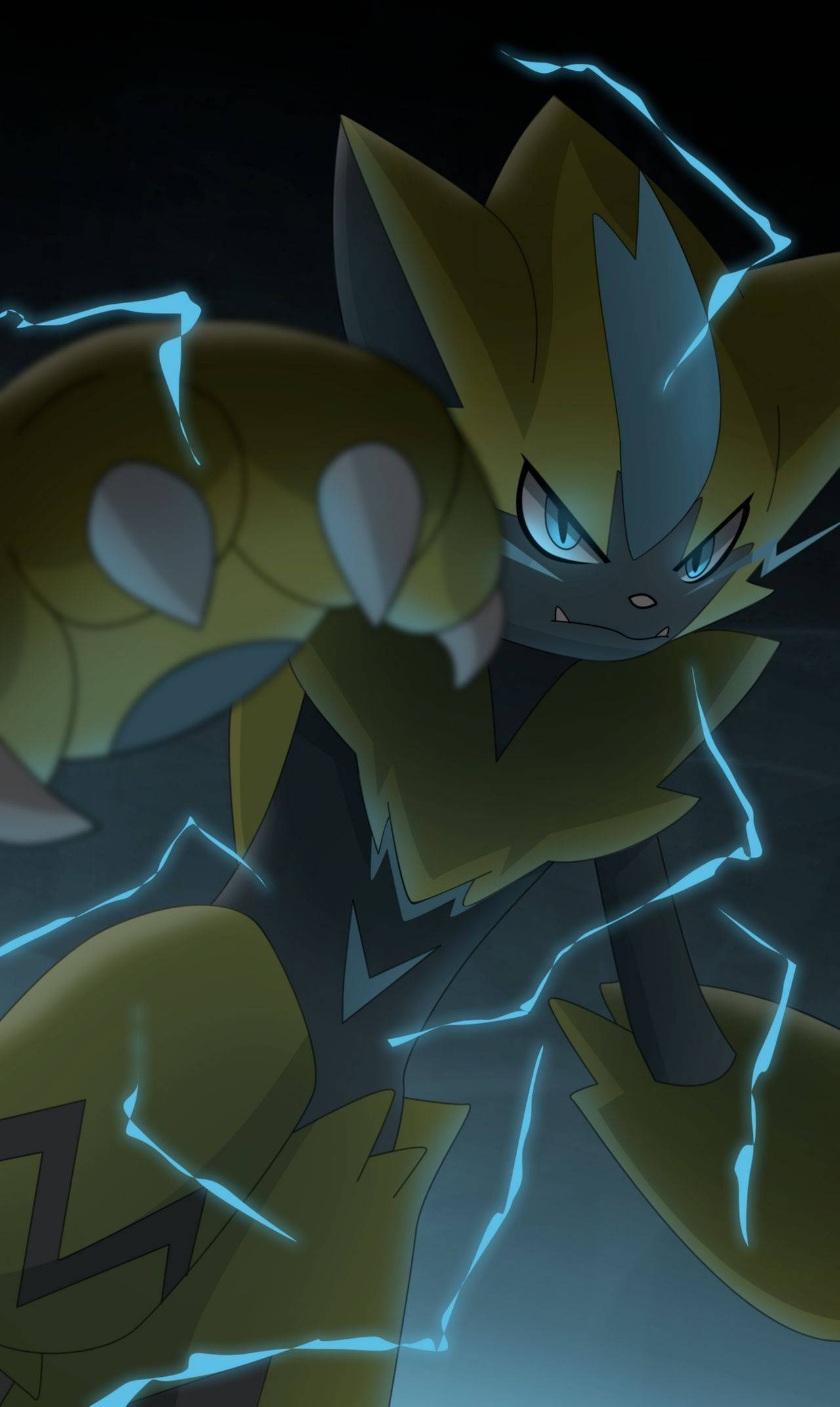 Zeraora, yellow and gray, glowing blue lightning, Full HD Phone Wallpaper